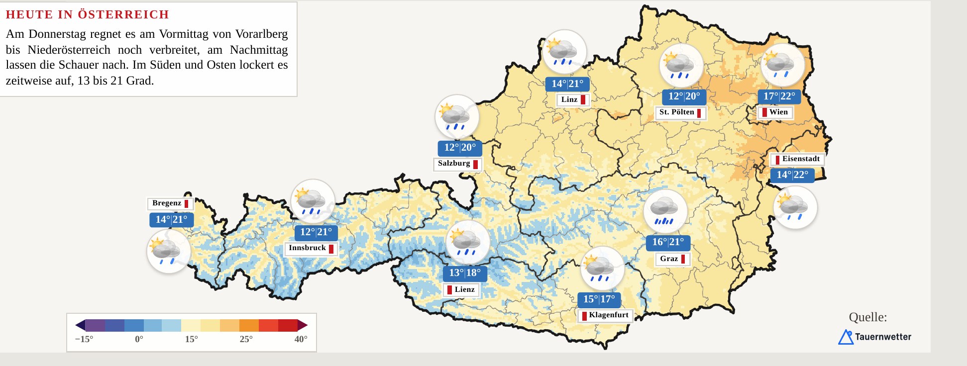 Wetterkarte Österreich mit Temperaturen und Wettersymbolen für die Landeshauptstädte