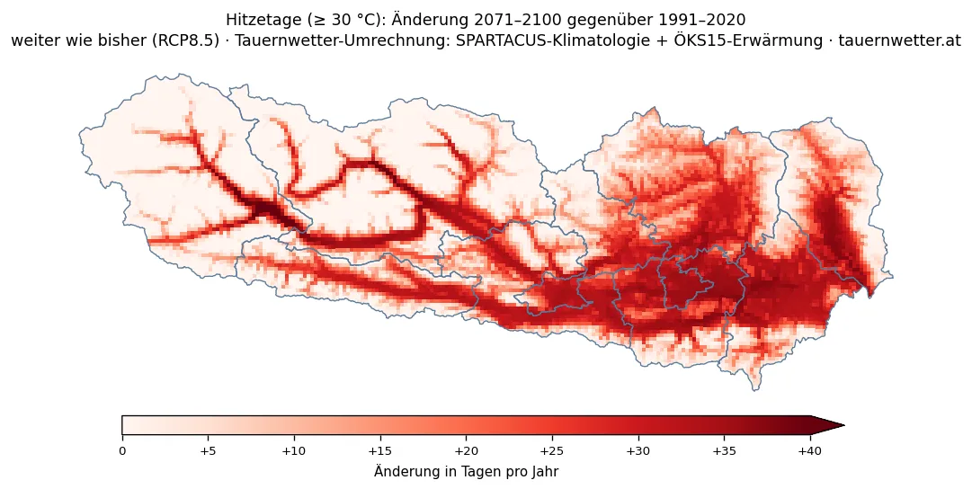 Zukunftskarte: Änderung der Hitzetage in Kärnten und Osttirol (ÖKS15)