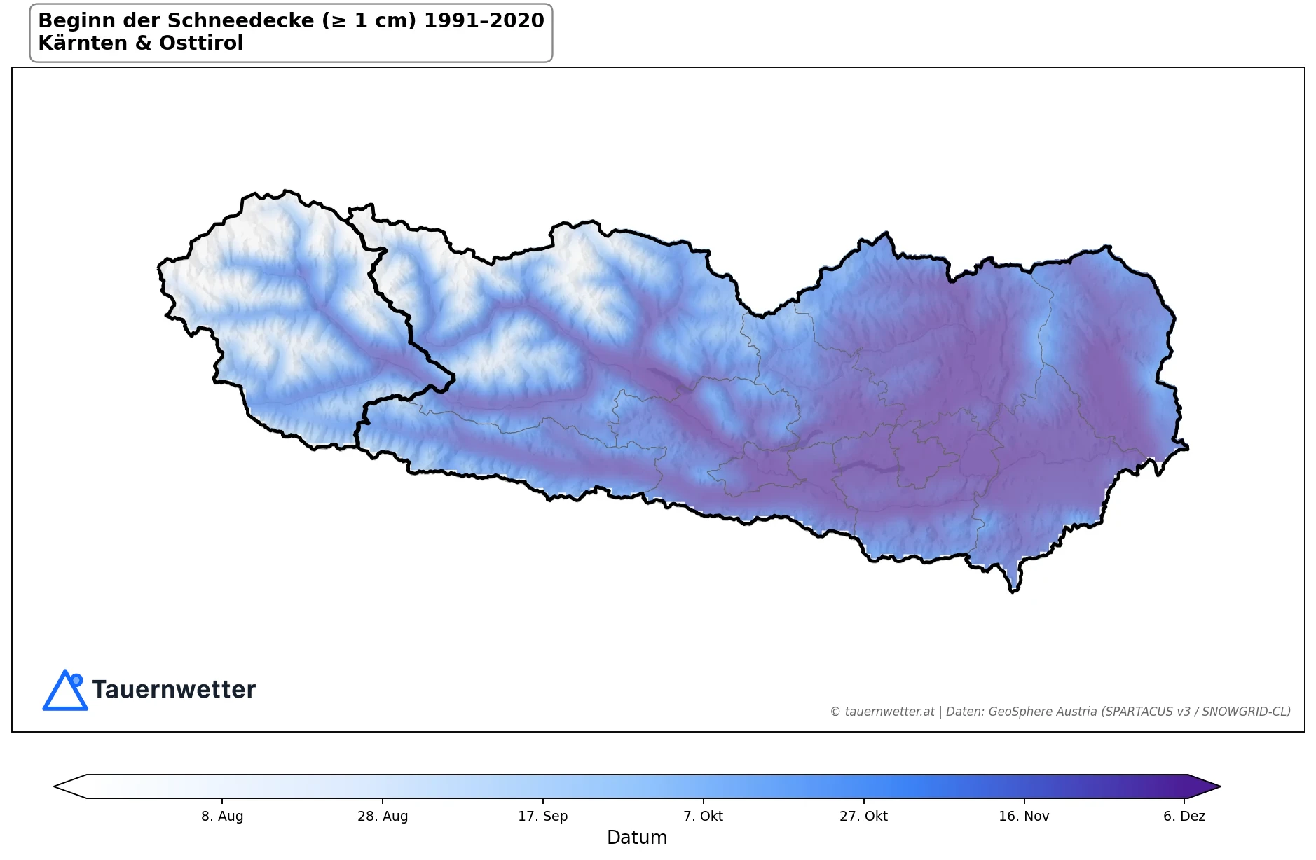 Klimakarte Beginn der Schneedecke (≥ 1 cm), Jahr 1991–2020 in Kärnten und Osttirol