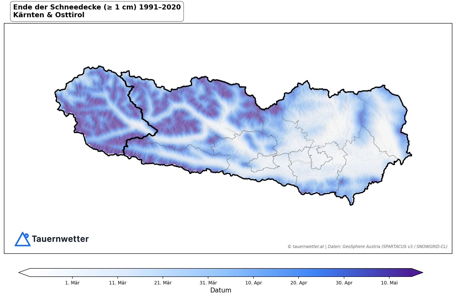 Klimakarte Ende der Schneedecke (≥ 1 cm), Jahr 1991–2020 in Kärnten und Osttirol