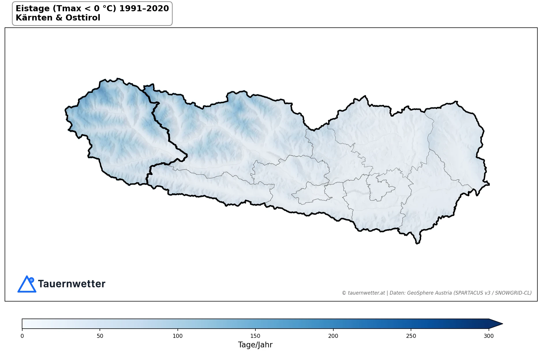 Klimakarte Eistage (Tmax < 0 °C), Jahr 1991–2020 in Kärnten und Osttirol