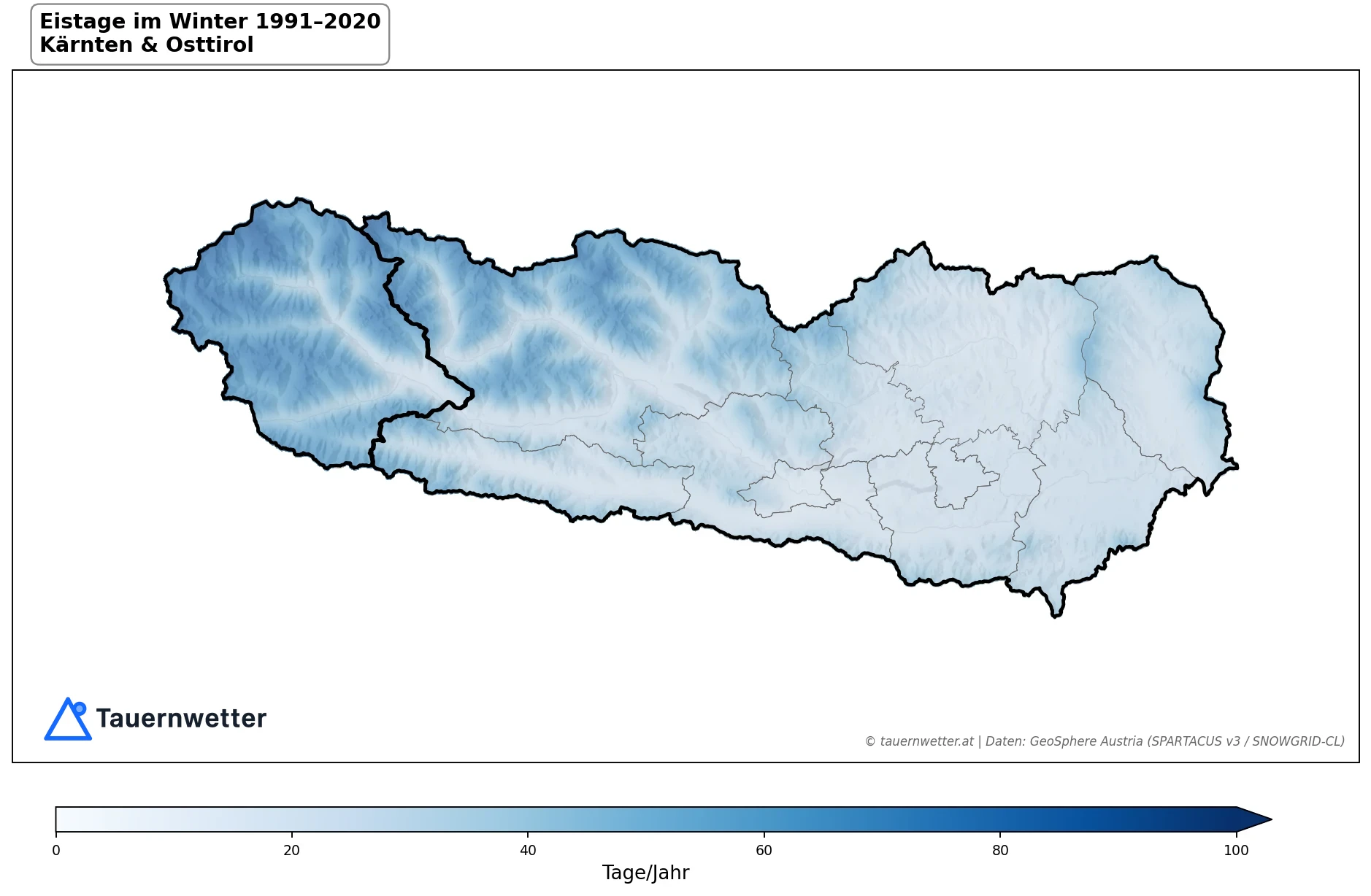 Klimakarte Eistage (Tmax < 0 °C), Winter (DJF) 1991–2020 in Kärnten und Osttirol