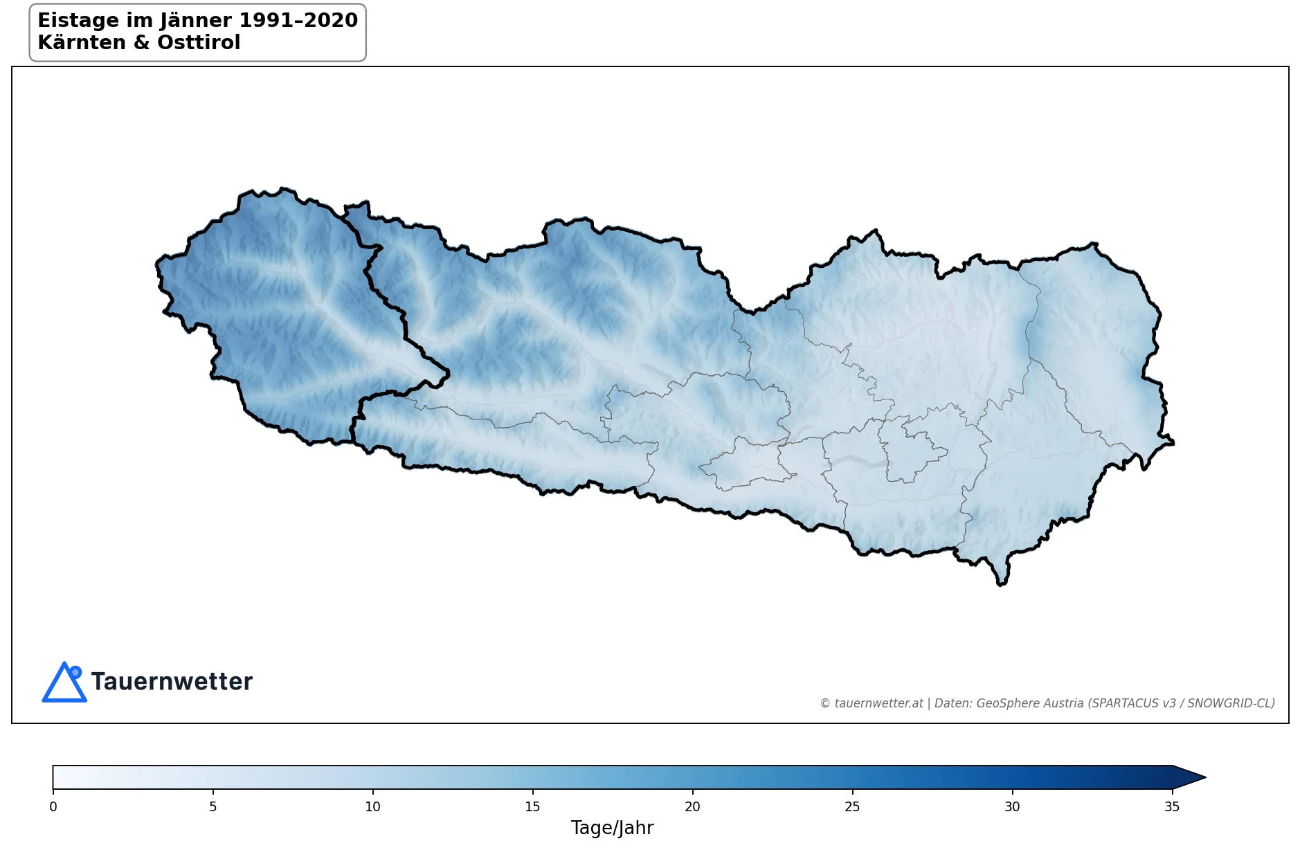 Klimakarte Eistage (Tmax < 0 °C), Jänner 1991–2020 in Kärnten und Osttirol