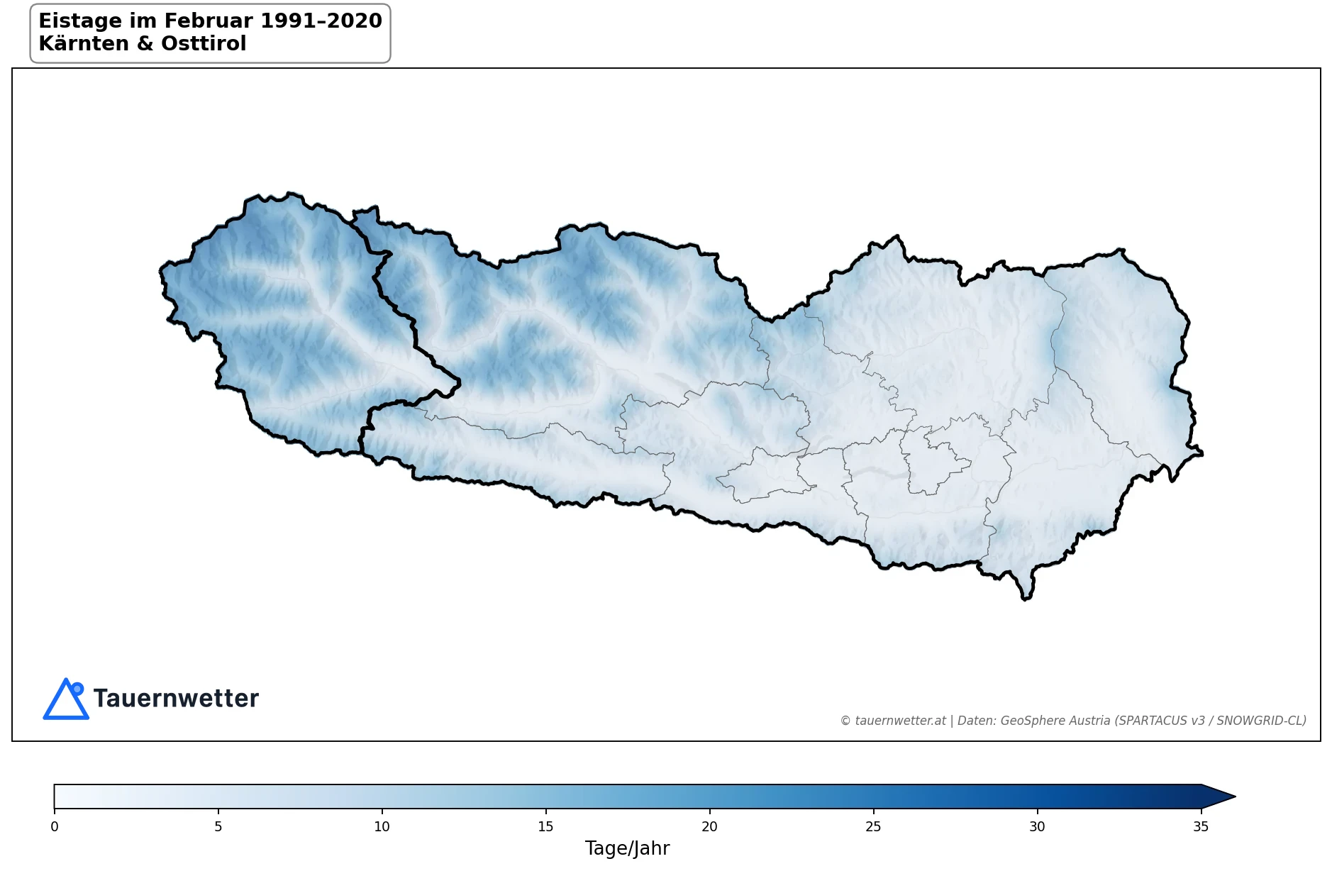Klimakarte Eistage (Tmax < 0 °C), Februar 1991–2020 in Kärnten und Osttirol