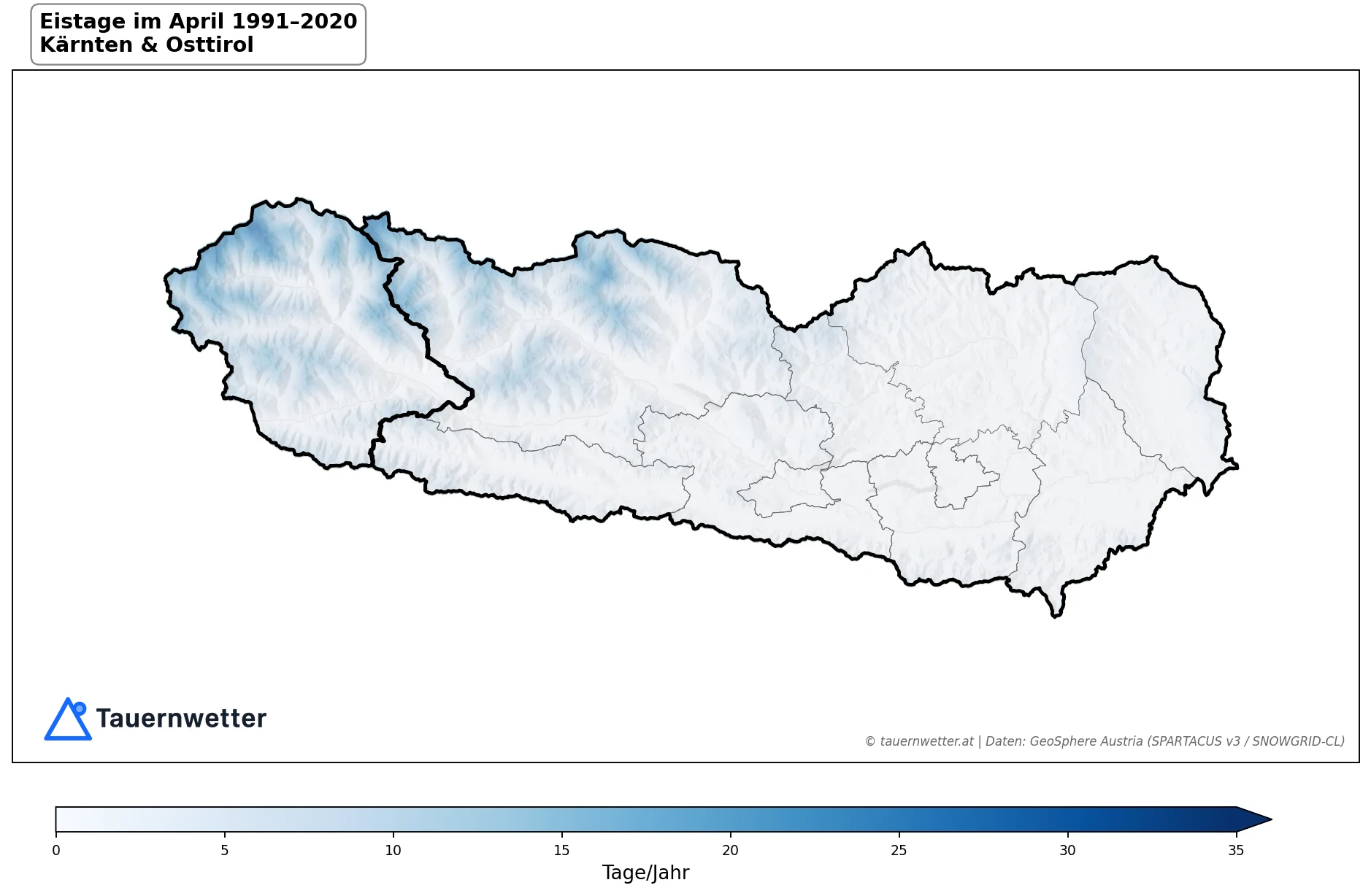 Klimakarte Eistage (Tmax < 0 °C), April 1991–2020 in Kärnten und Osttirol
