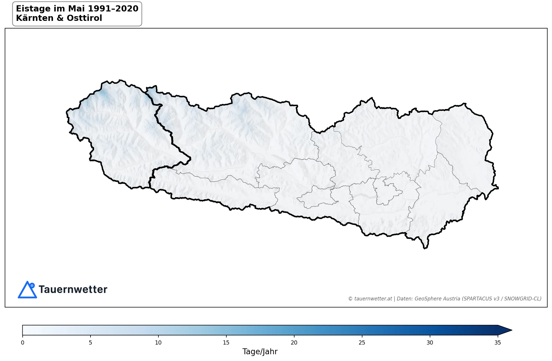 Klimakarte Eistage (Tmax < 0 °C), Mai 1991–2020 in Kärnten und Osttirol