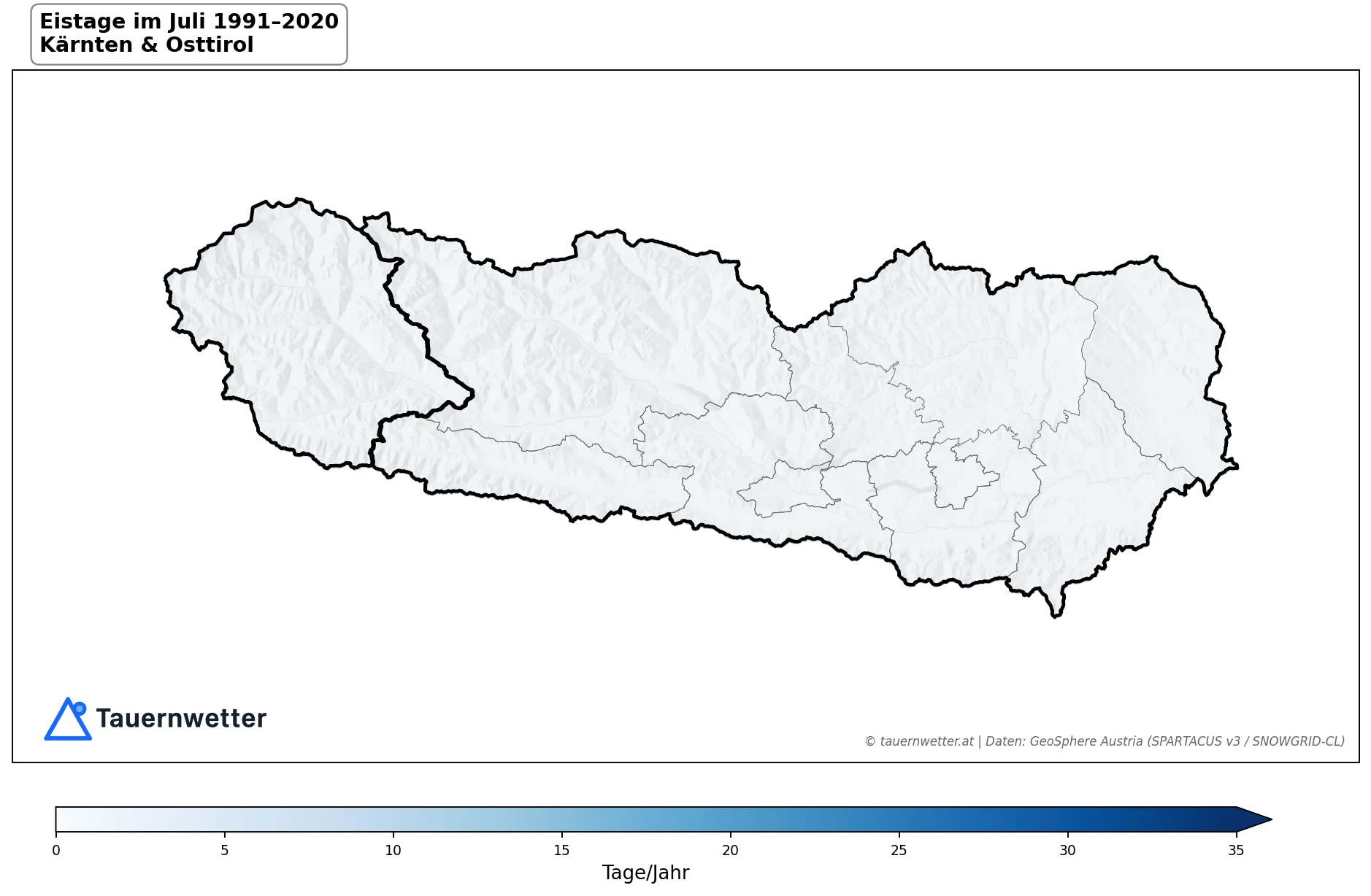 Klimakarte Eistage (Tmax < 0 °C), Juli 1991–2020 in Kärnten und Osttirol