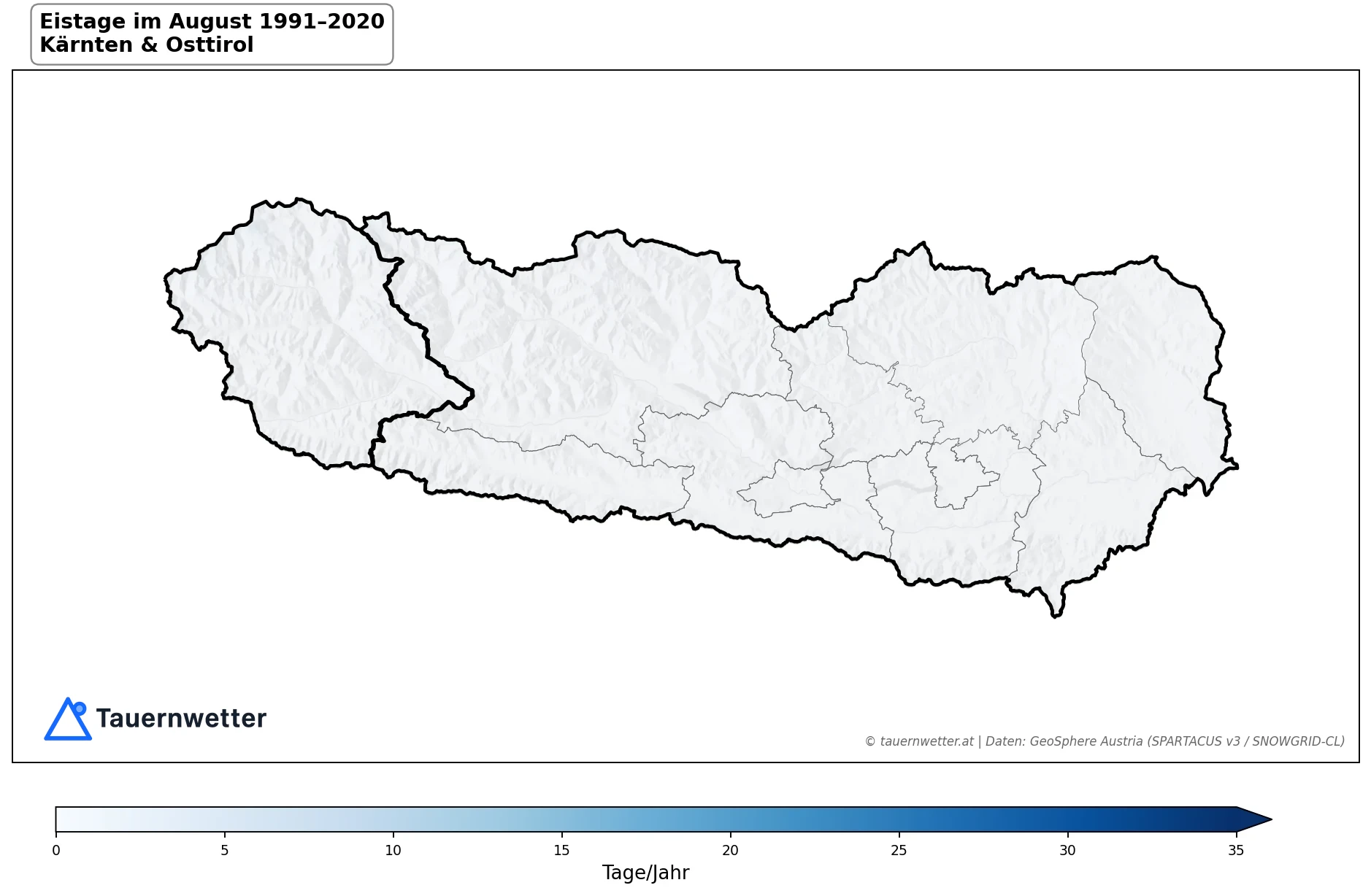 Klimakarte Eistage (Tmax < 0 °C), August 1991–2020 in Kärnten und Osttirol