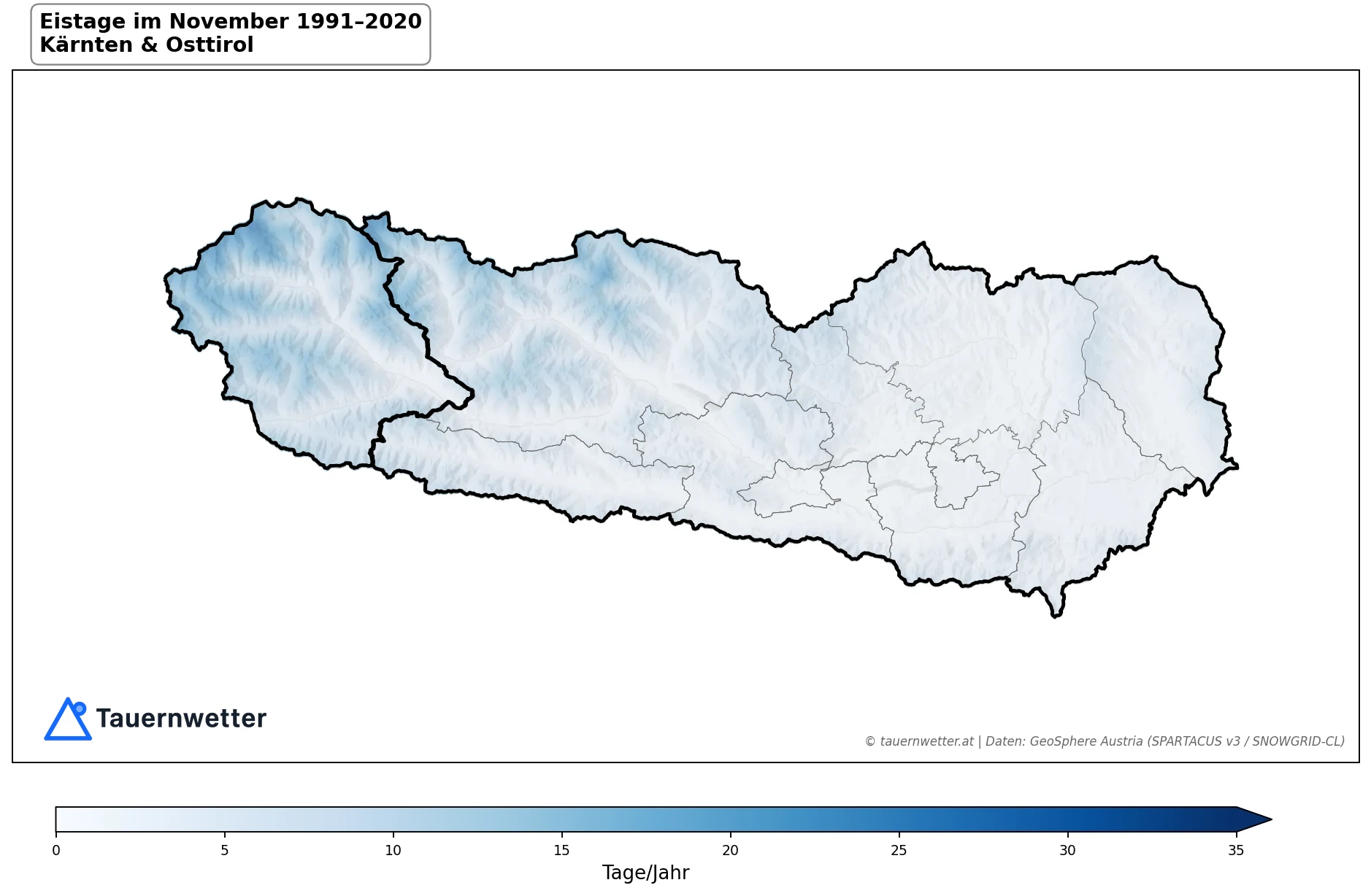 Klimakarte Eistage (Tmax < 0 °C), November 1991–2020 in Kärnten und Osttirol