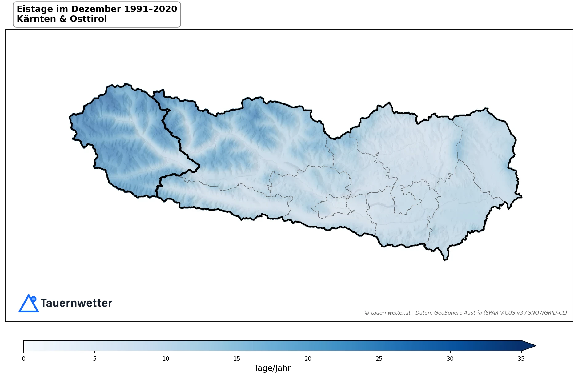 Klimakarte Eistage (Tmax < 0 °C), Dezember 1991–2020 in Kärnten und Osttirol