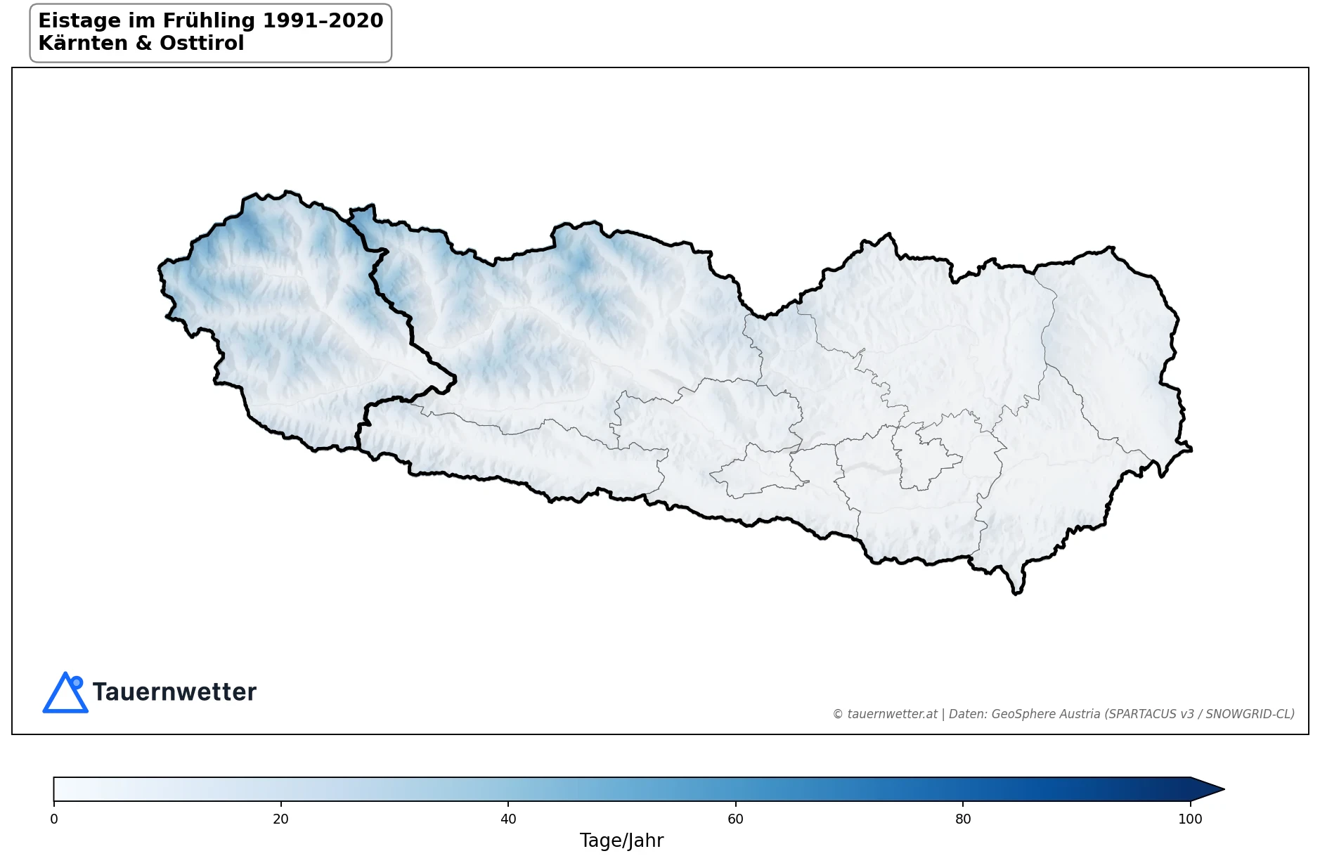 Klimakarte Eistage (Tmax < 0 °C), Frühling (MAM) 1991–2020 in Kärnten und Osttirol