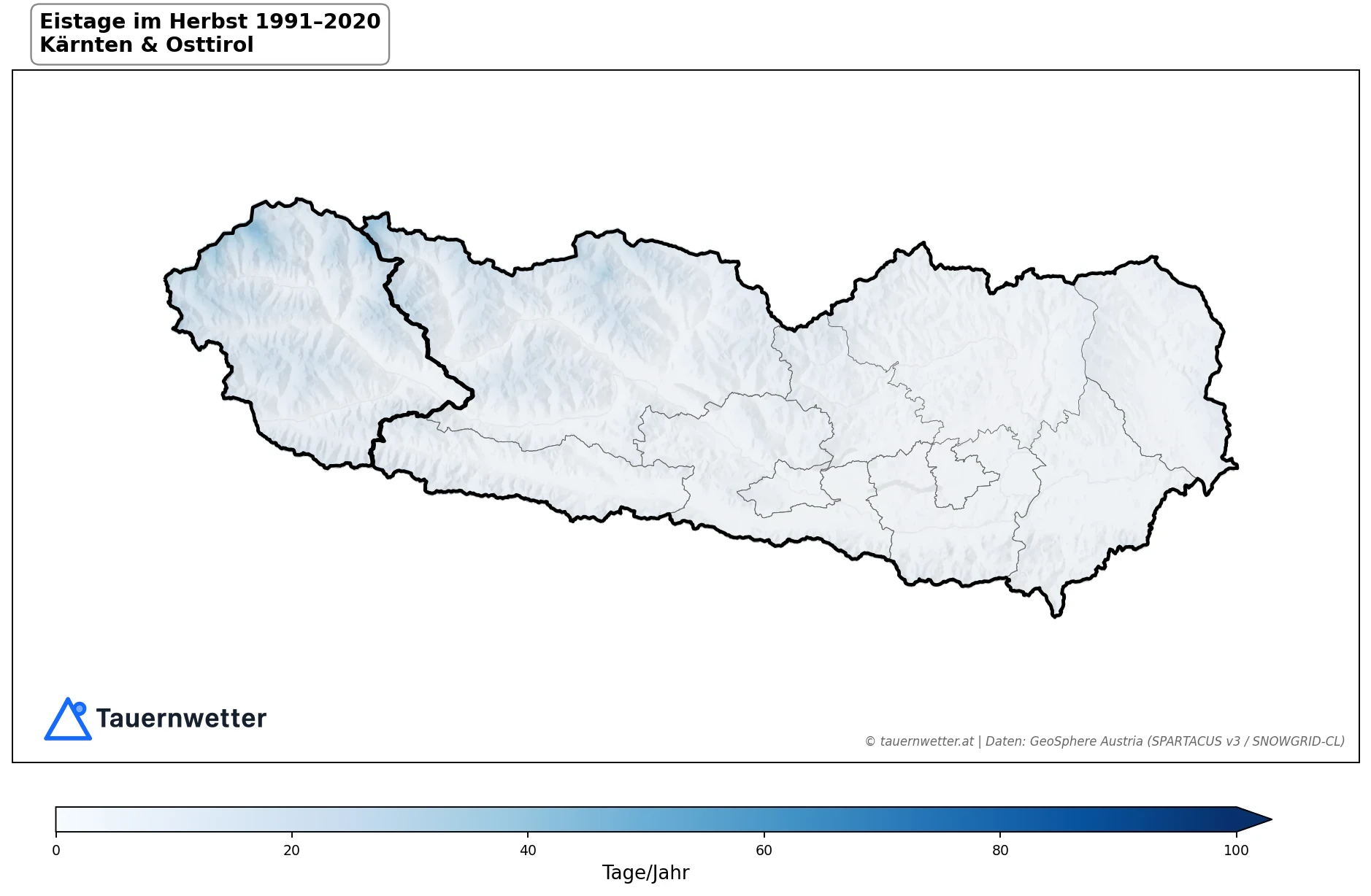 Klimakarte Eistage (Tmax < 0 °C), Herbst (SON) 1991–2020 in Kärnten und Osttirol