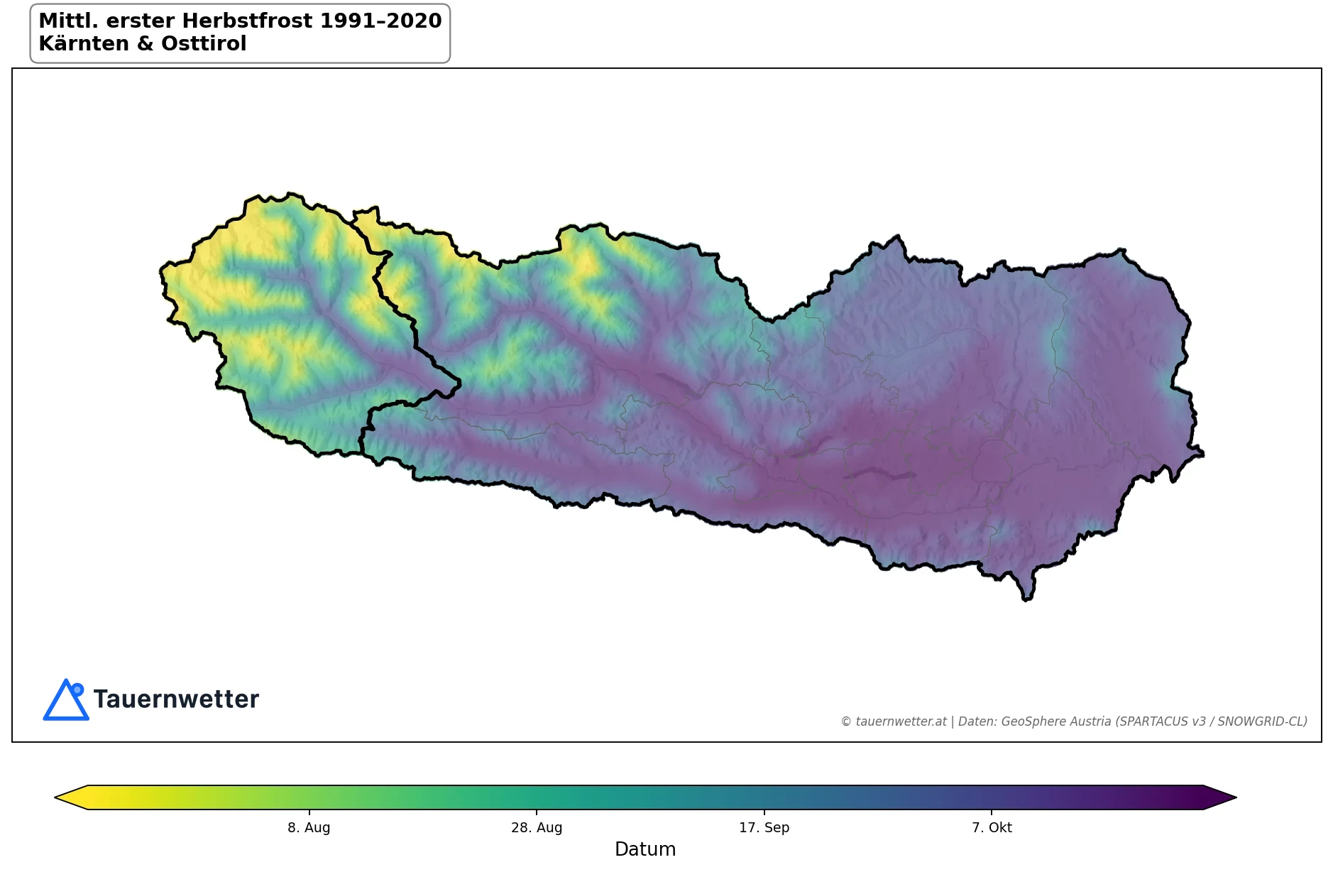 Klimakarte Erster Herbstfrost, Jahr 1991–2020 in Kärnten und Osttirol