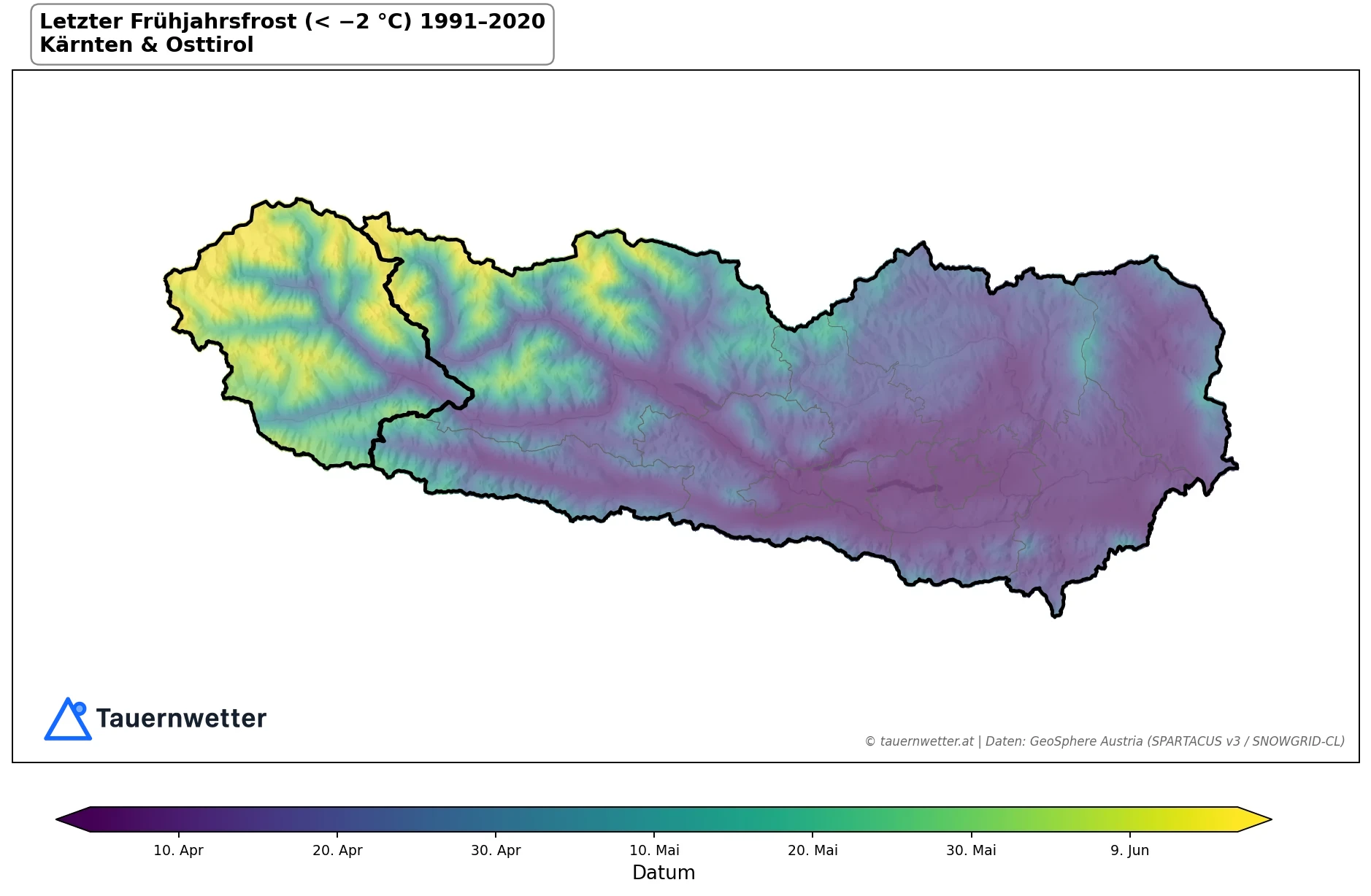 Klimakarte Letzter Frühjahrsfrost (< −2 °C), Jahr 1991–2020 in Kärnten und Osttirol