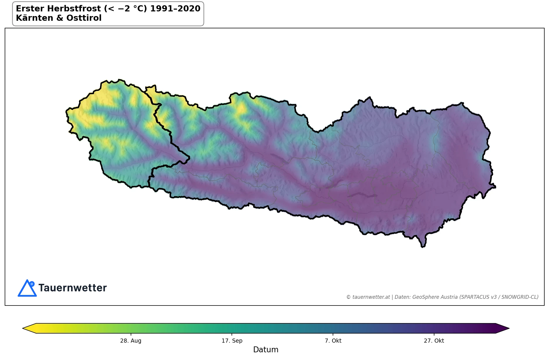Klimakarte Erster Herbstfrost (< −2 °C), Jahr 1991–2020 in Kärnten und Osttirol