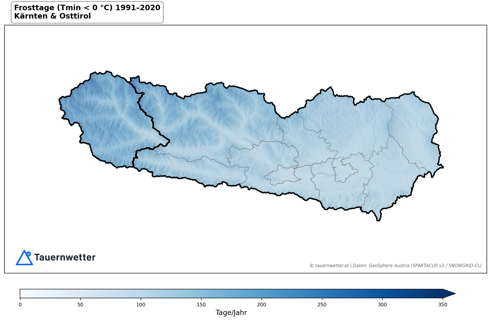 Klimakarte Frosttage (Tmin < 0 °C), Jahr 1991–2020 in Kärnten und Osttirol