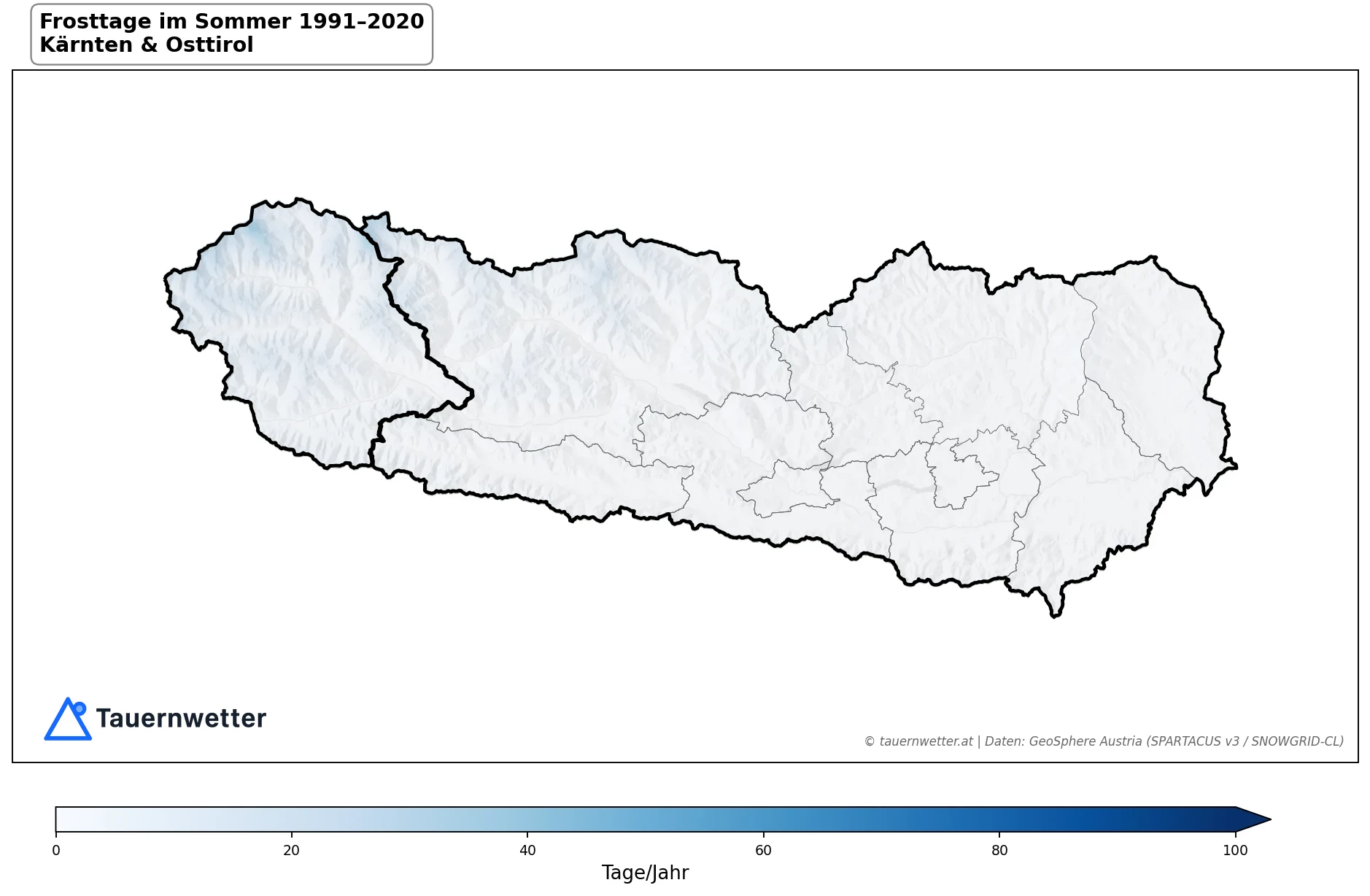 Klimakarte Frosttage (Tmin < 0 °C), Sommer (JJA) 1991–2020 in Kärnten und Osttirol