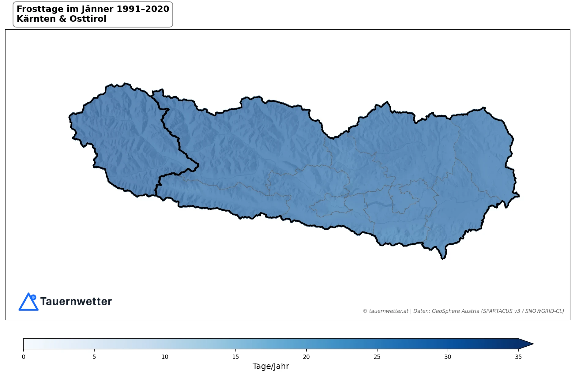 Klimakarte Frosttage (Tmin < 0 °C), Jänner 1991–2020 in Kärnten und Osttirol