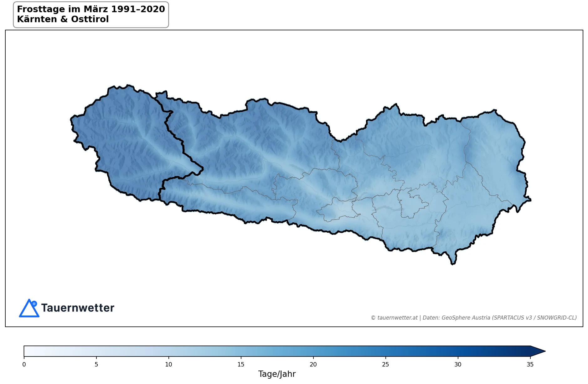 Klimakarte Frosttage (Tmin < 0 °C), März 1991–2020 in Kärnten und Osttirol