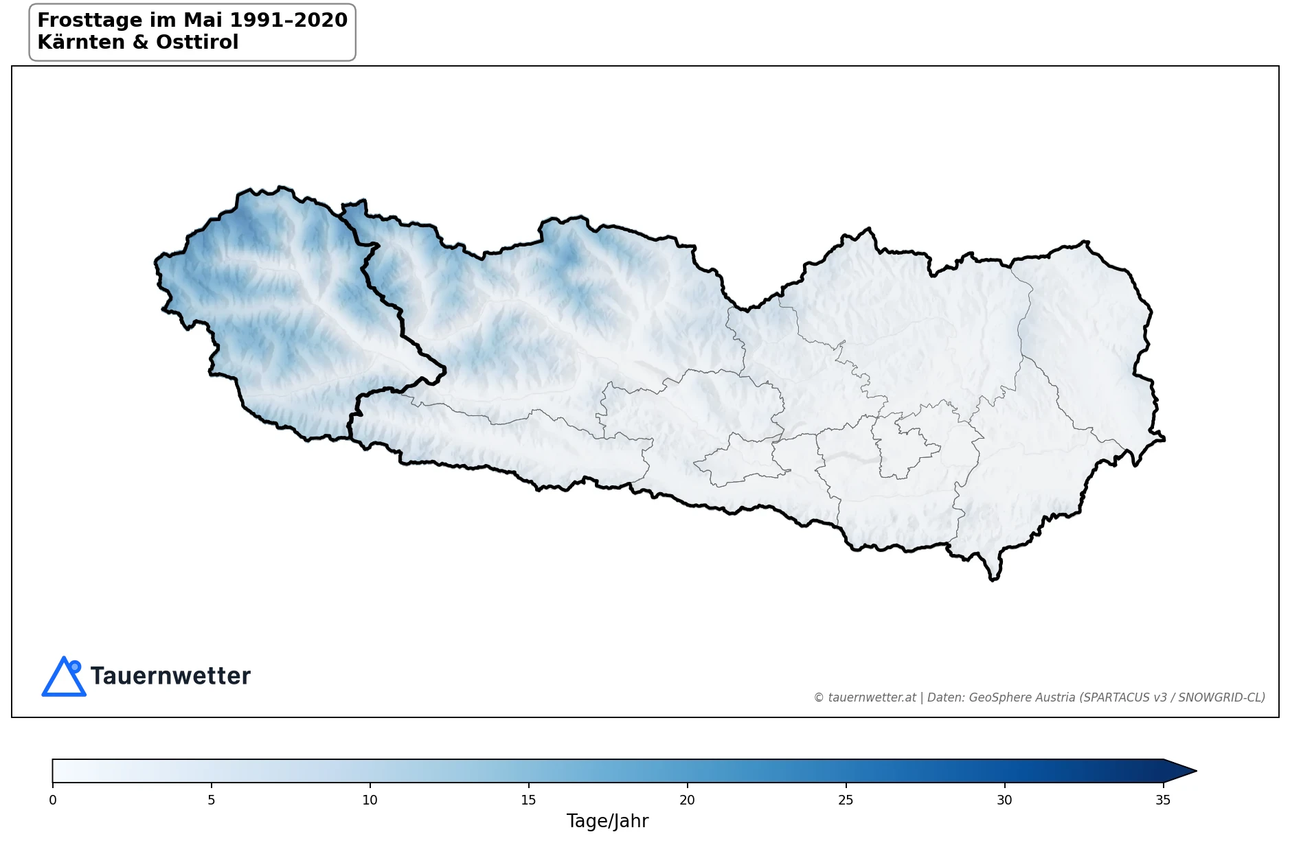 Klimakarte Frosttage (Tmin < 0 °C), Mai 1991–2020 in Kärnten und Osttirol