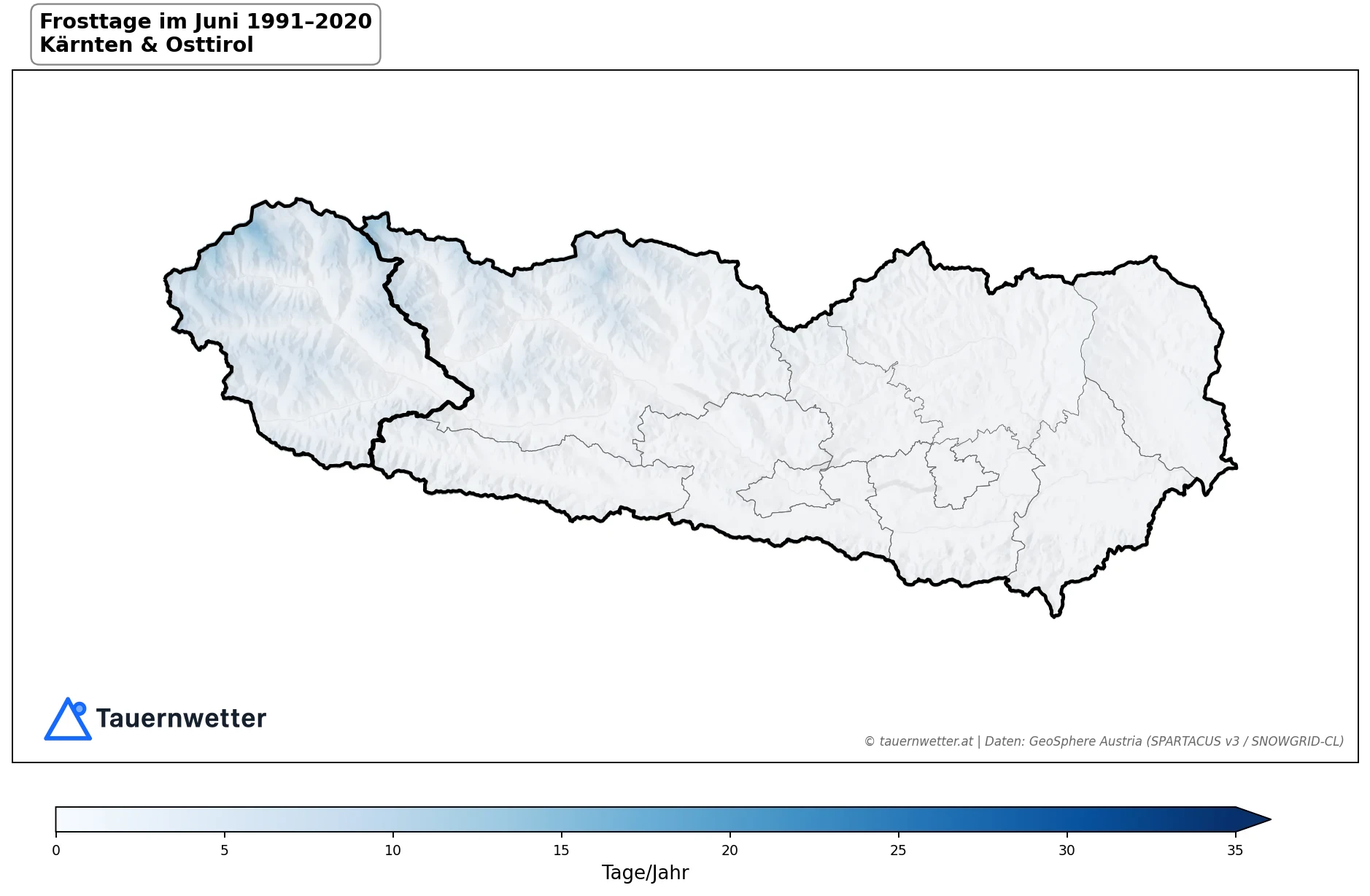 Klimakarte Frosttage (Tmin < 0 °C), Juni 1991–2020 in Kärnten und Osttirol