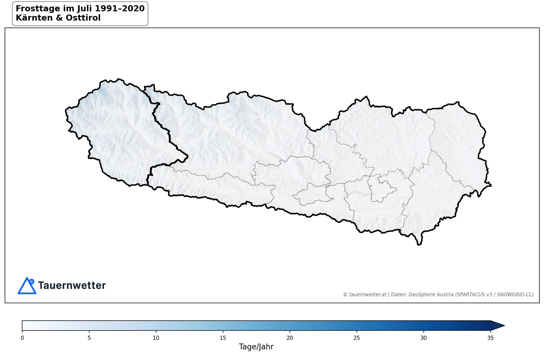 Klimakarte Frosttage (Tmin < 0 °C), Juli 1991–2020 in Kärnten und Osttirol