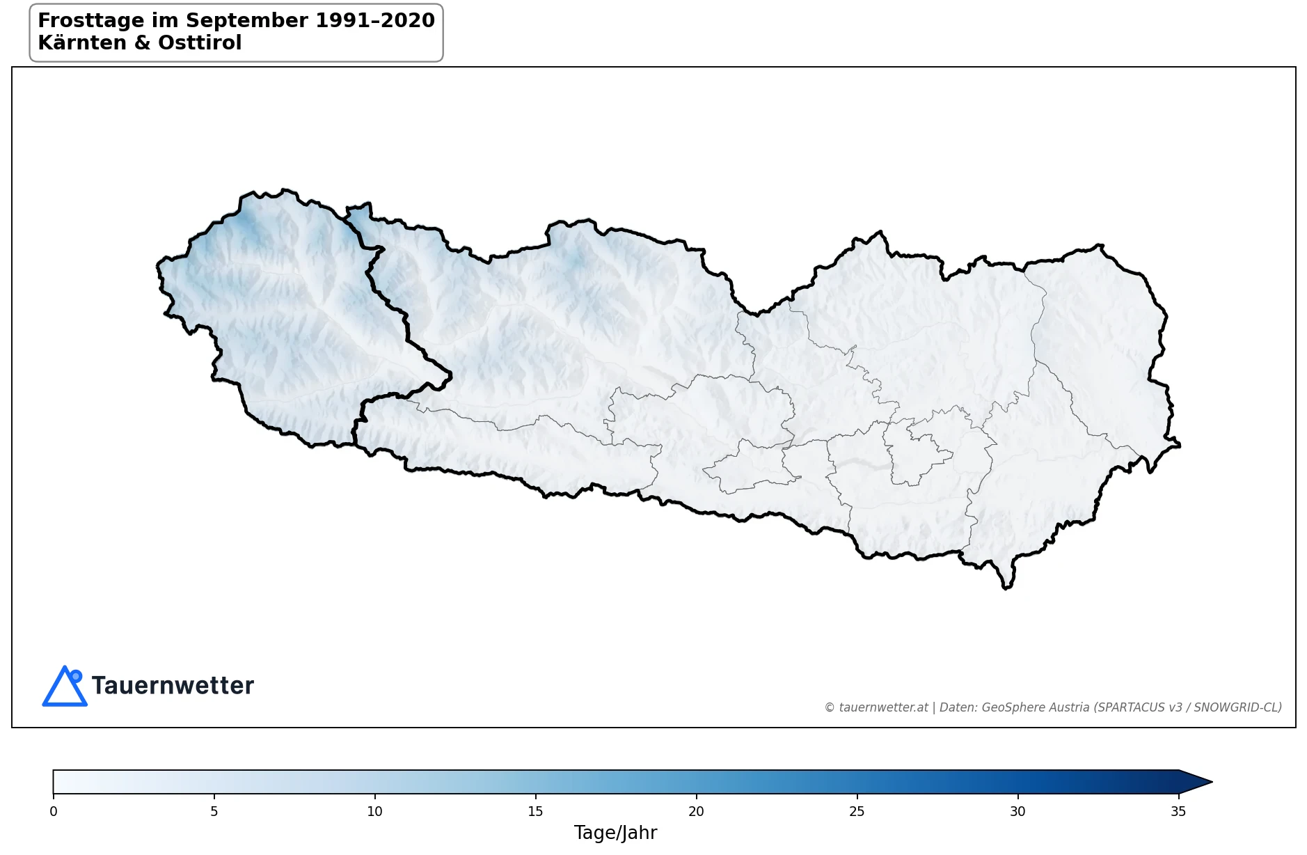 Klimakarte Frosttage (Tmin < 0 °C), September 1991–2020 in Kärnten und Osttirol