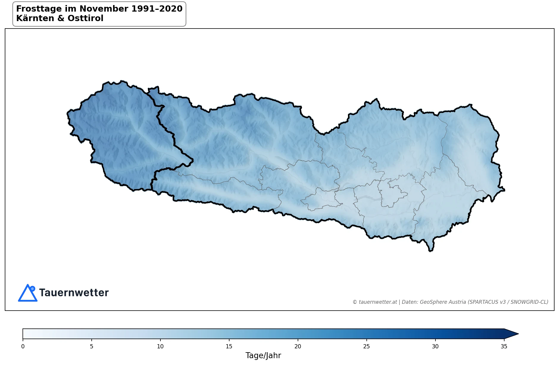 Klimakarte Frosttage (Tmin < 0 °C), November 1991–2020 in Kärnten und Osttirol