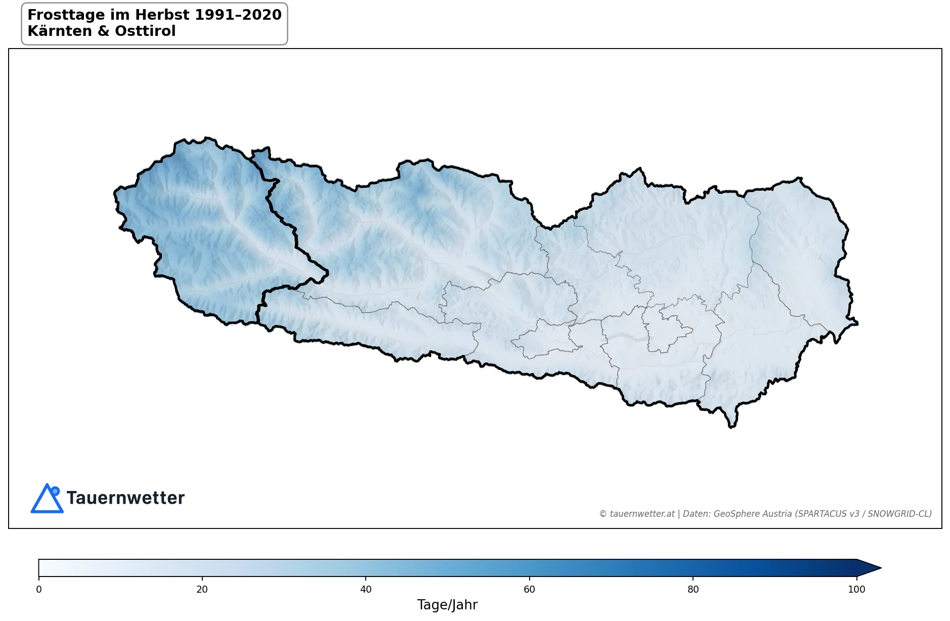 Klimakarte Frosttage (Tmin < 0 °C), Herbst (SON) 1991–2020 in Kärnten und Osttirol
