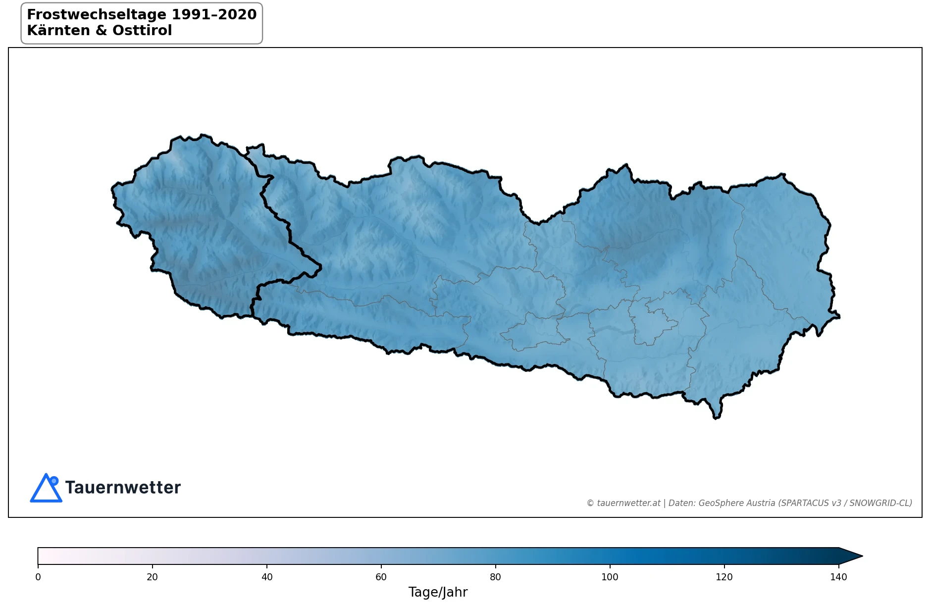 Klimakarte Frostwechseltage, Jahr 1991–2020 in Kärnten und Osttirol