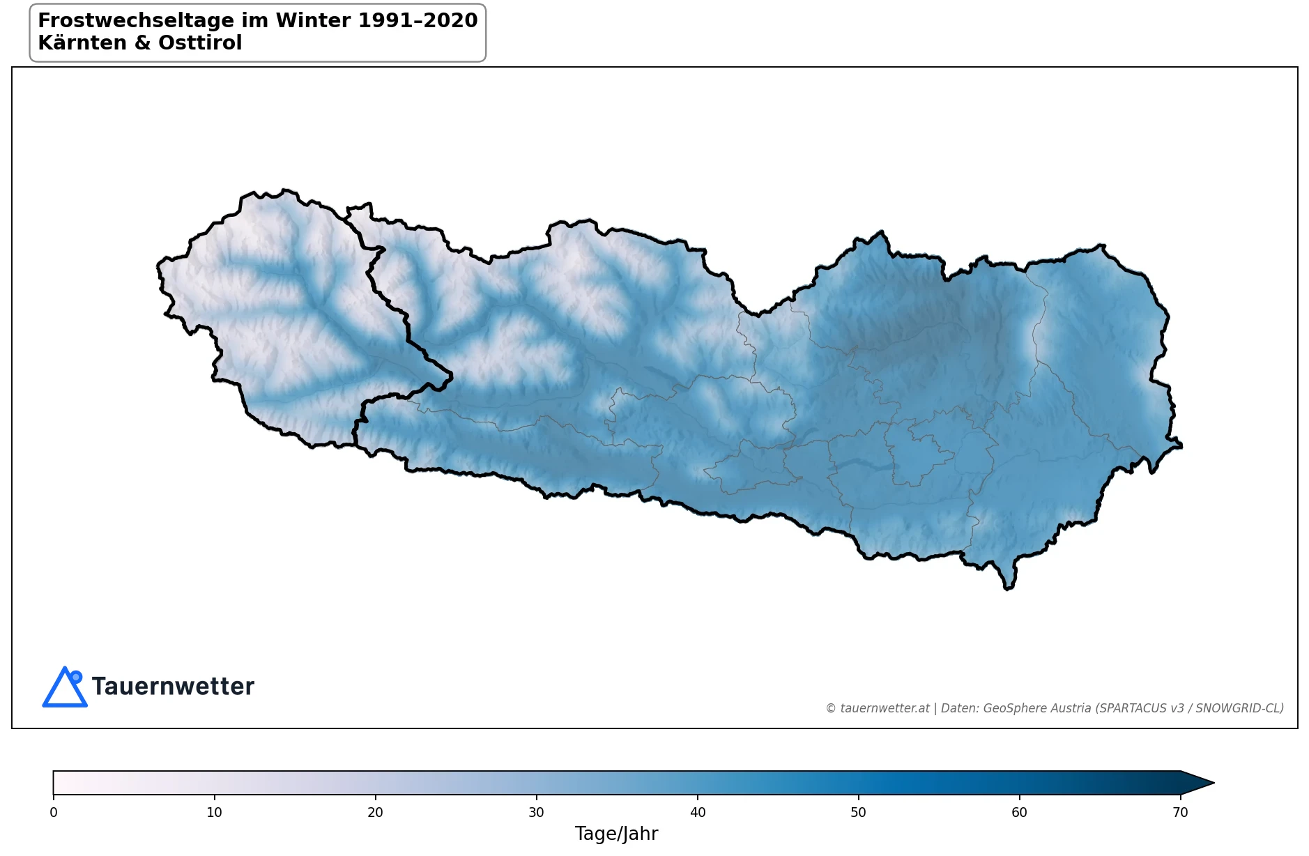 Klimakarte Frostwechseltage, Winter (DJF) 1991–2020 in Kärnten und Osttirol