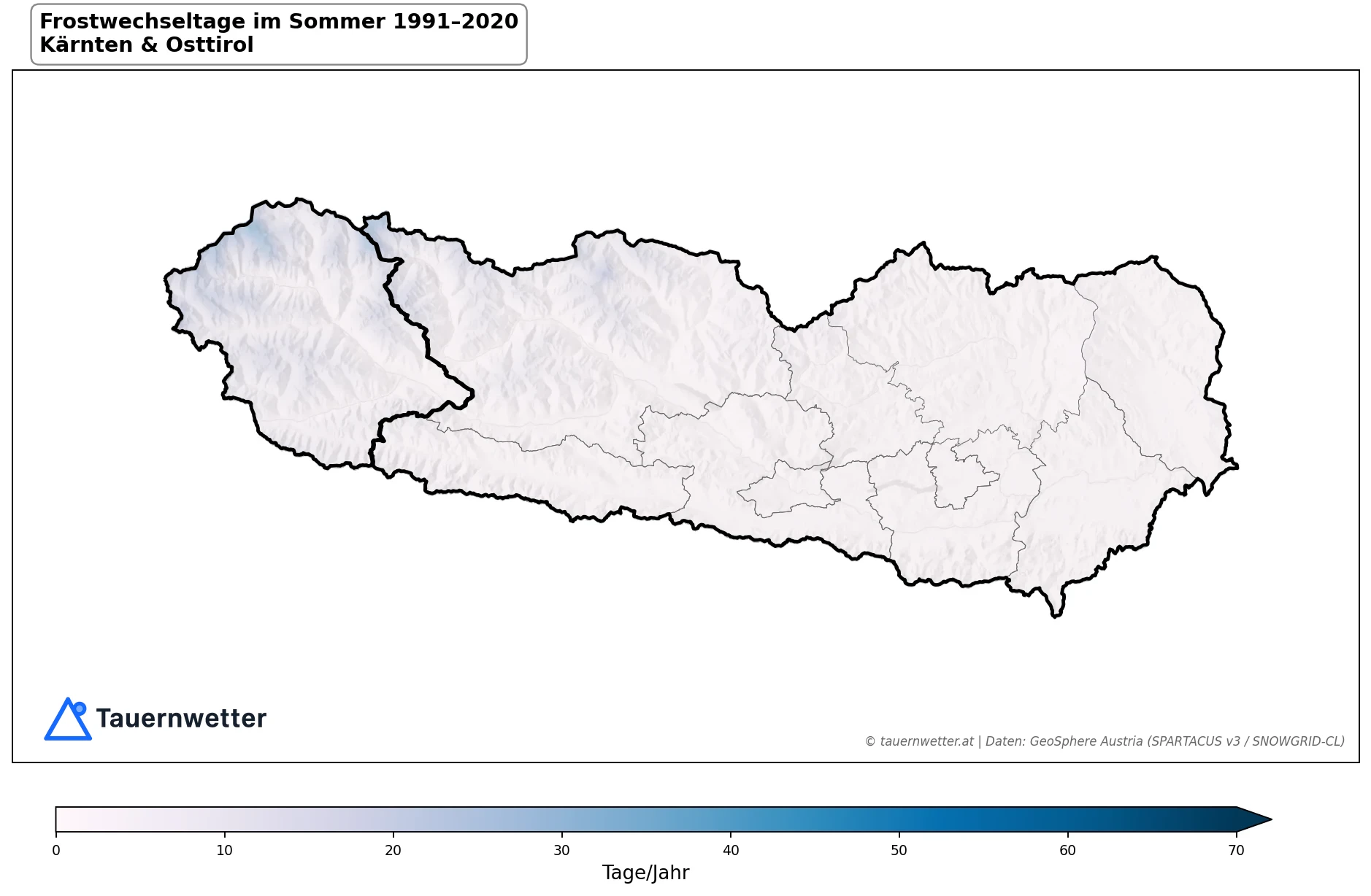 Klimakarte Frostwechseltage, Sommer (JJA) 1991–2020 in Kärnten und Osttirol