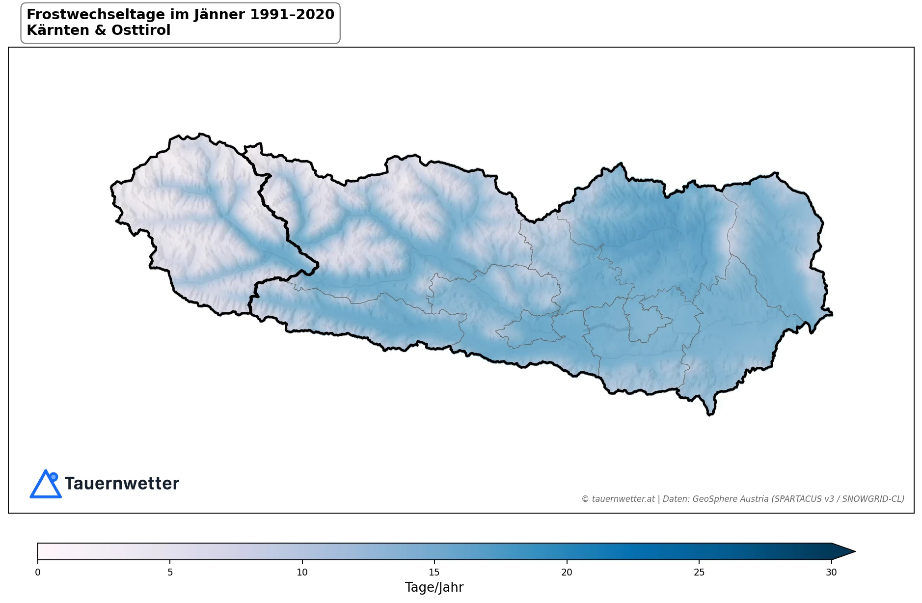 Klimakarte Frostwechseltage, Jänner 1991–2020 in Kärnten und Osttirol