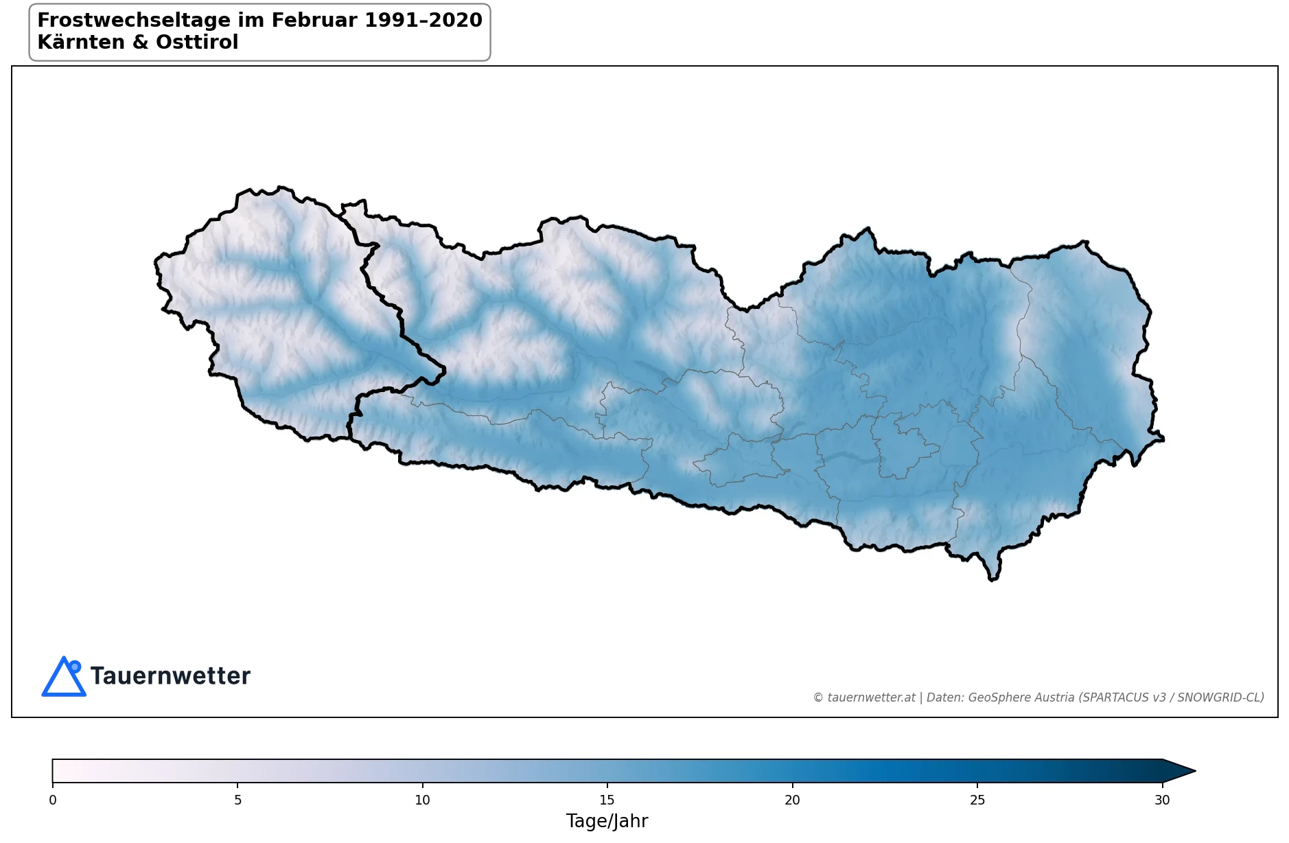Klimakarte Frostwechseltage, Februar 1991–2020 in Kärnten und Osttirol