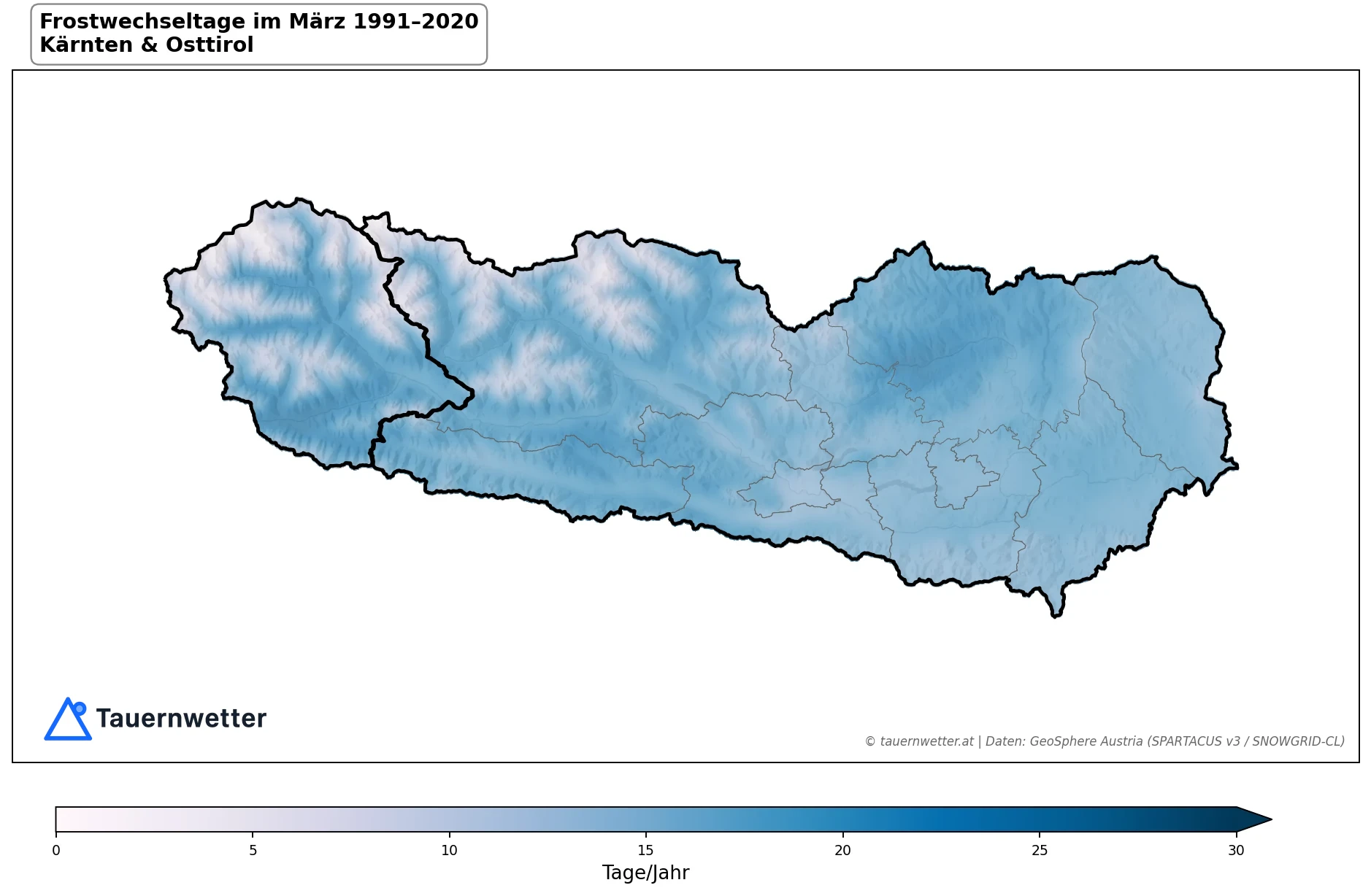 Klimakarte Frostwechseltage, März 1991–2020 in Kärnten und Osttirol