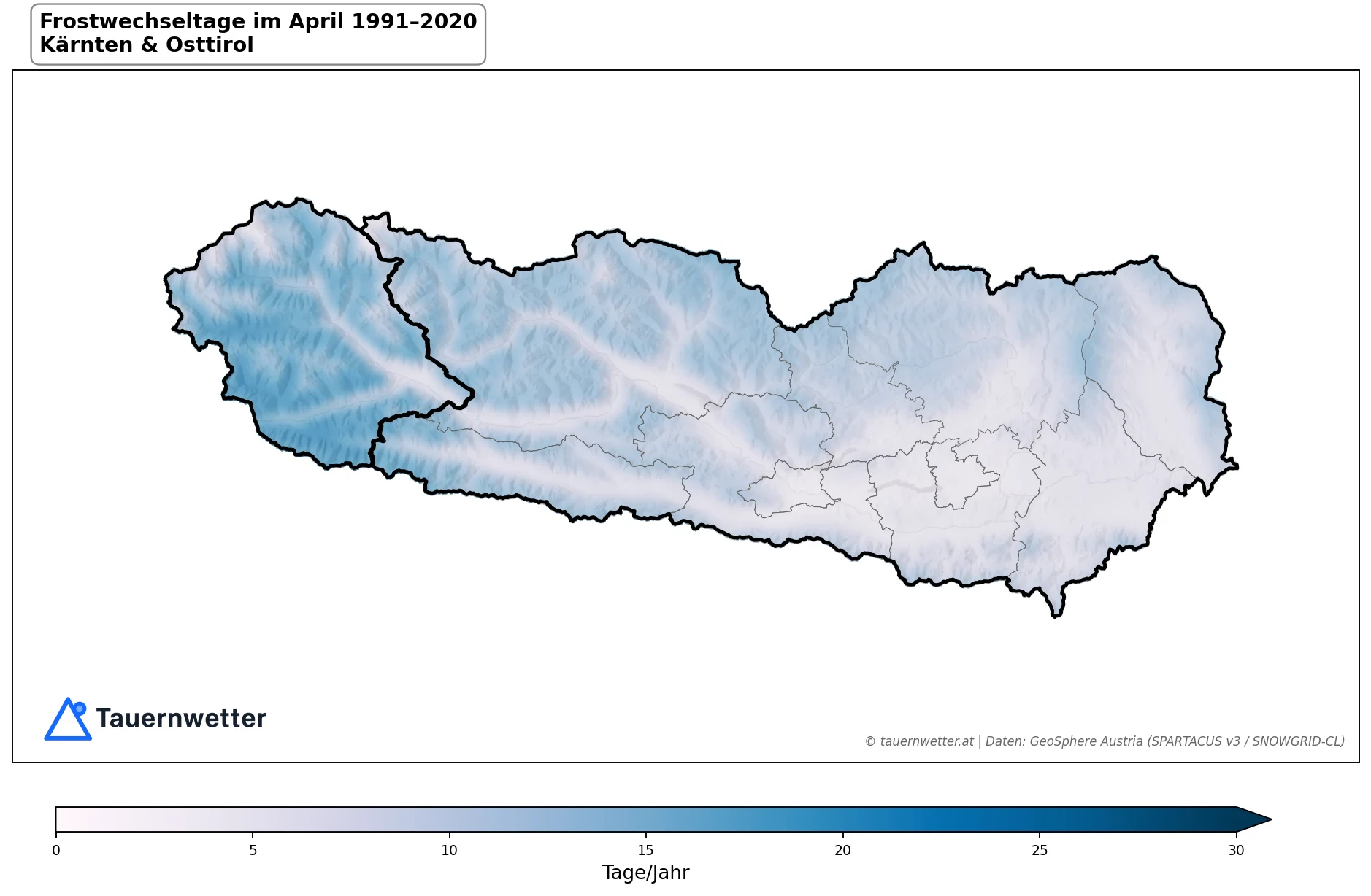 Klimakarte Frostwechseltage, April 1991–2020 in Kärnten und Osttirol