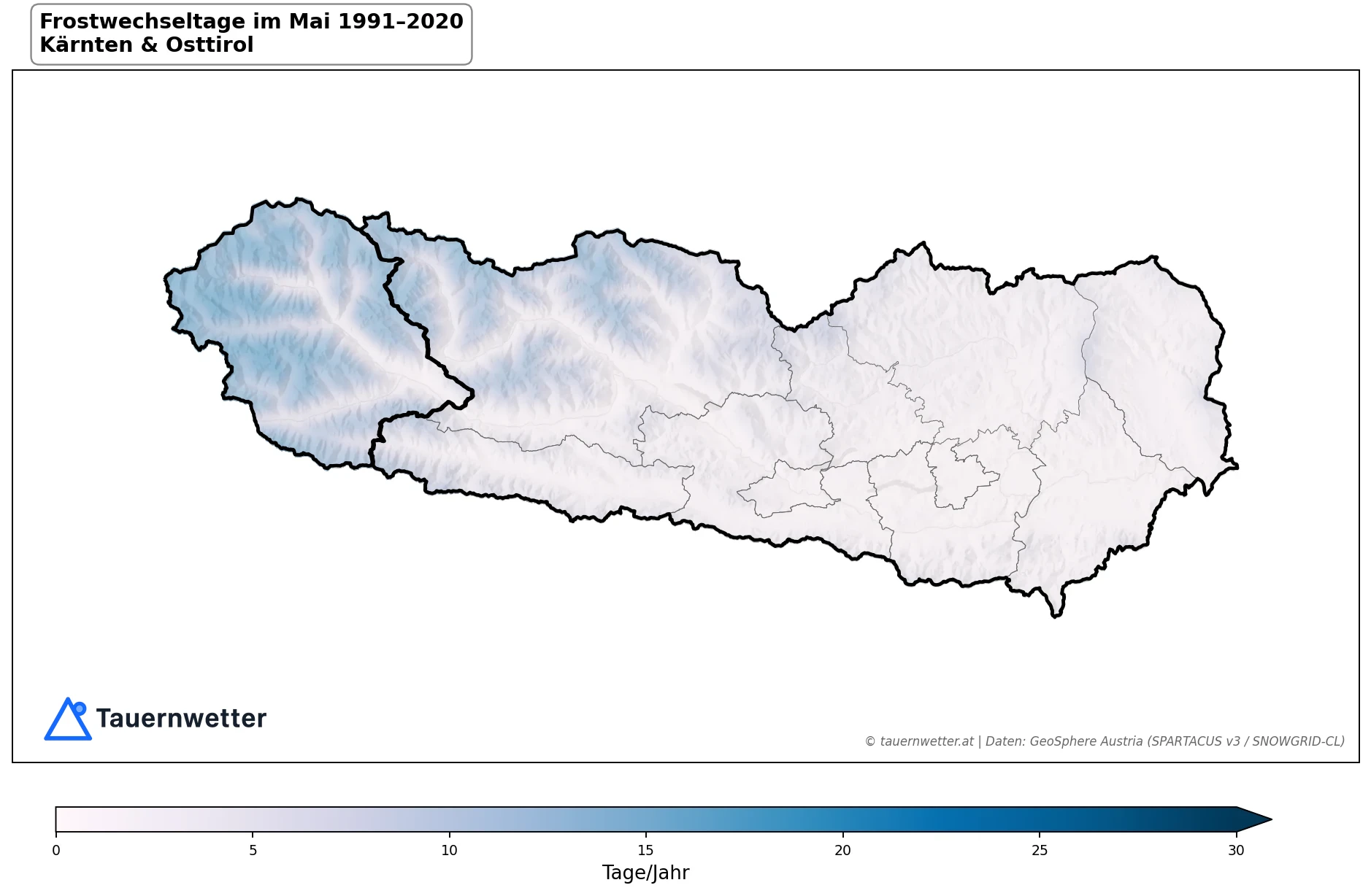 Klimakarte Frostwechseltage, Mai 1991–2020 in Kärnten und Osttirol