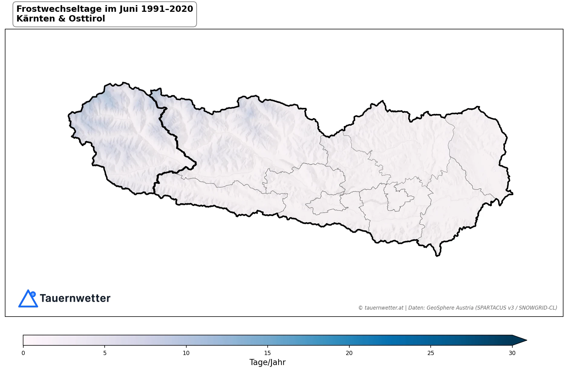 Klimakarte Frostwechseltage, Juni 1991–2020 in Kärnten und Osttirol
