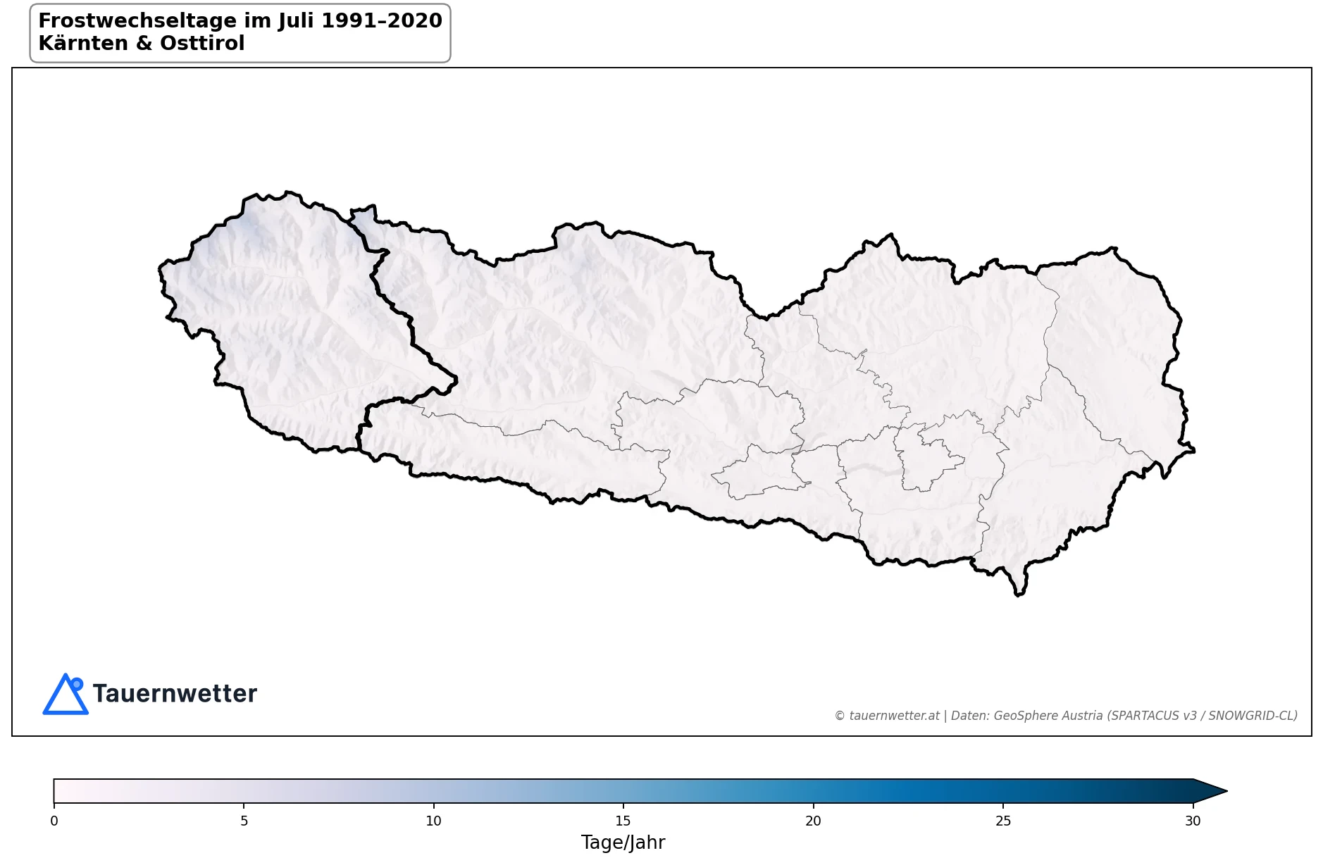 Klimakarte Frostwechseltage, Juli 1991–2020 in Kärnten und Osttirol
