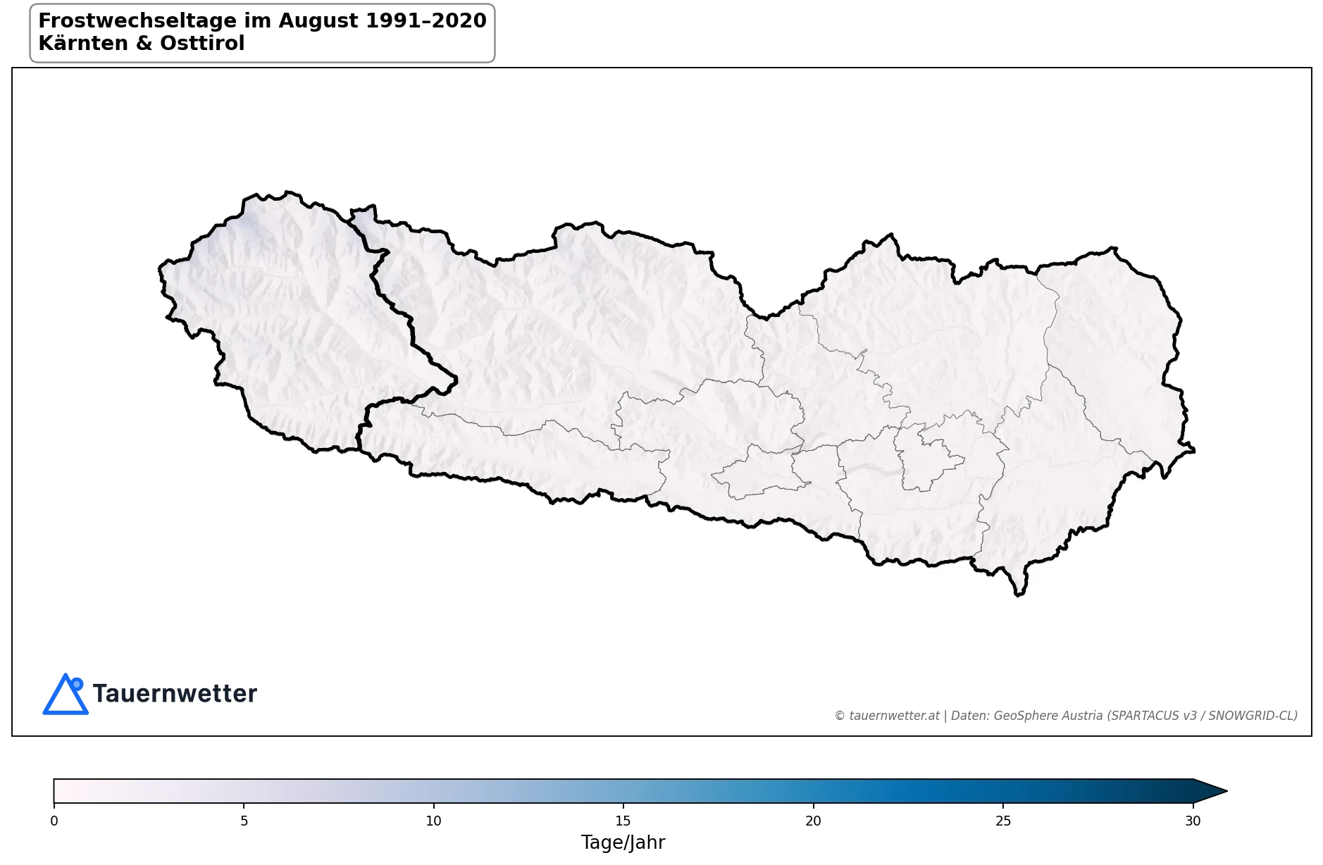 Klimakarte Frostwechseltage, August 1991–2020 in Kärnten und Osttirol