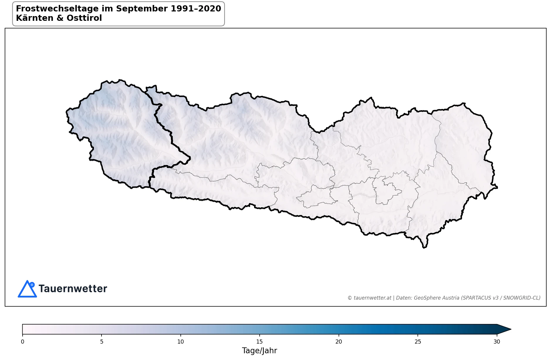 Klimakarte Frostwechseltage, September 1991–2020 in Kärnten und Osttirol