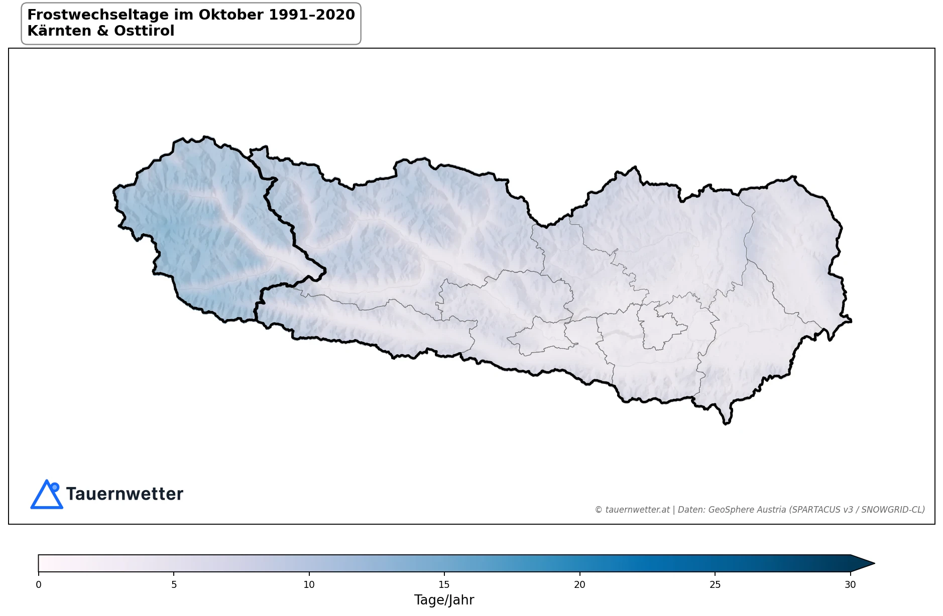 Klimakarte Frostwechseltage, Oktober 1991–2020 in Kärnten und Osttirol