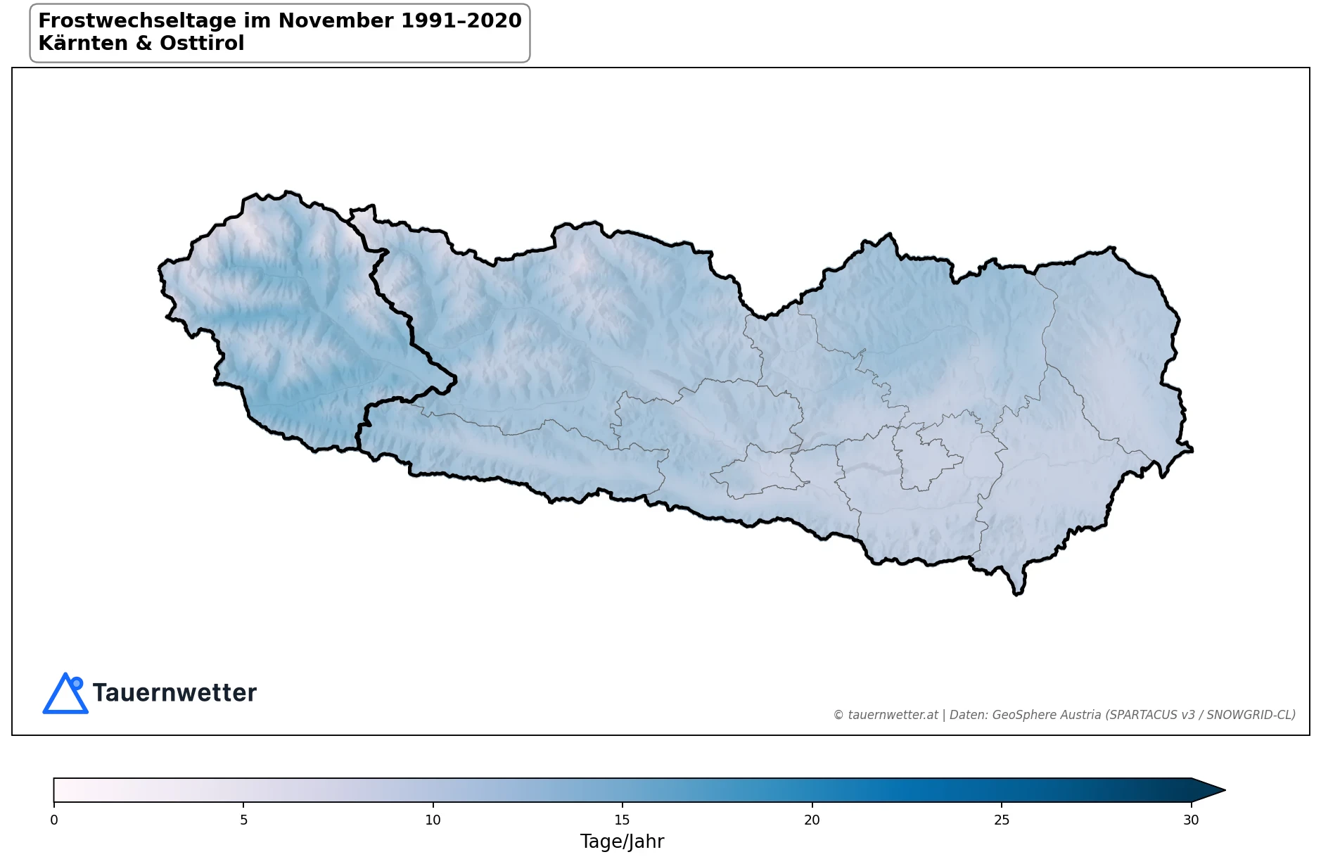 Klimakarte Frostwechseltage, November 1991–2020 in Kärnten und Osttirol