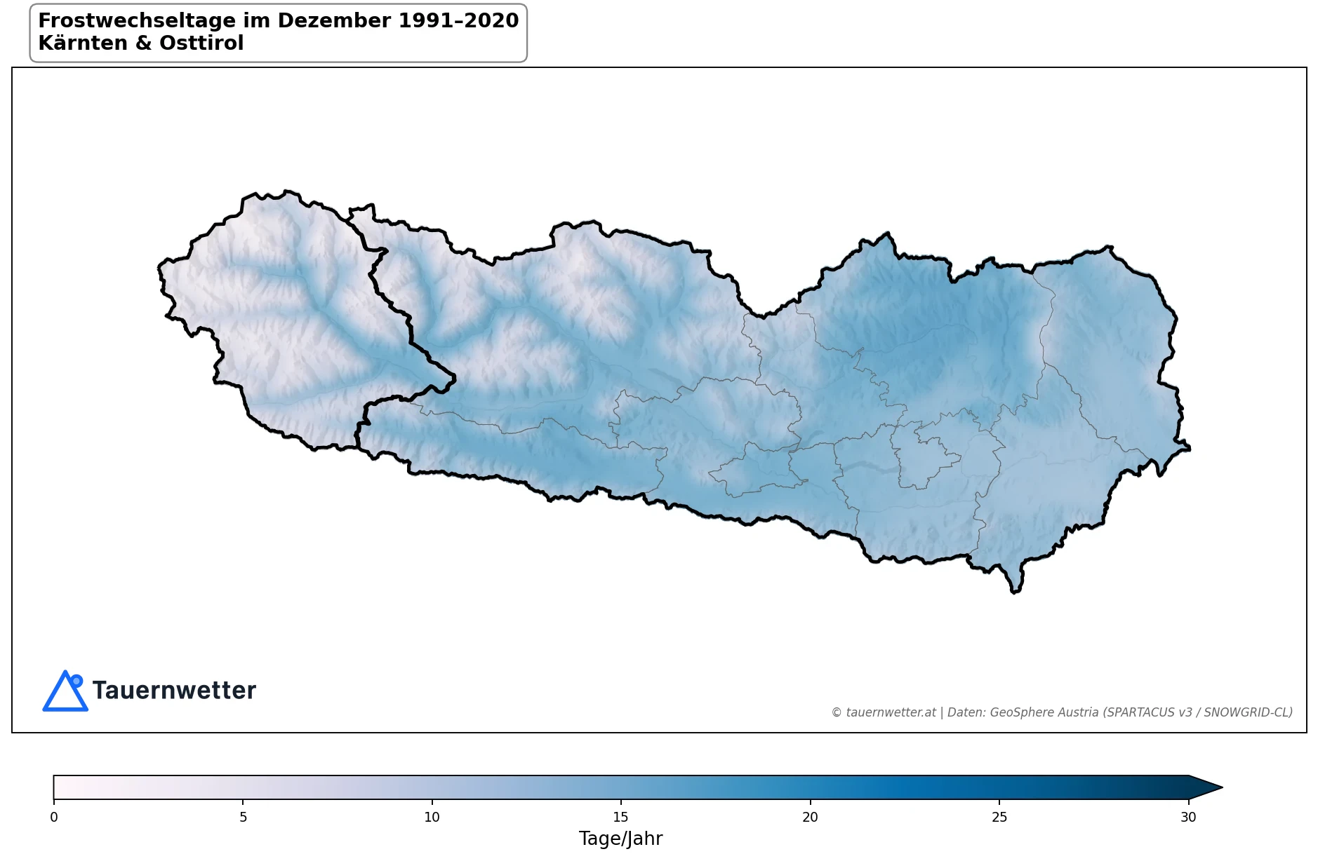 Klimakarte Frostwechseltage, Dezember 1991–2020 in Kärnten und Osttirol