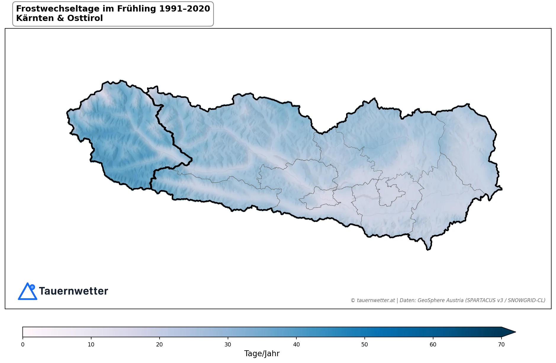 Klimakarte Frostwechseltage, Frühling (MAM) 1991–2020 in Kärnten und Osttirol