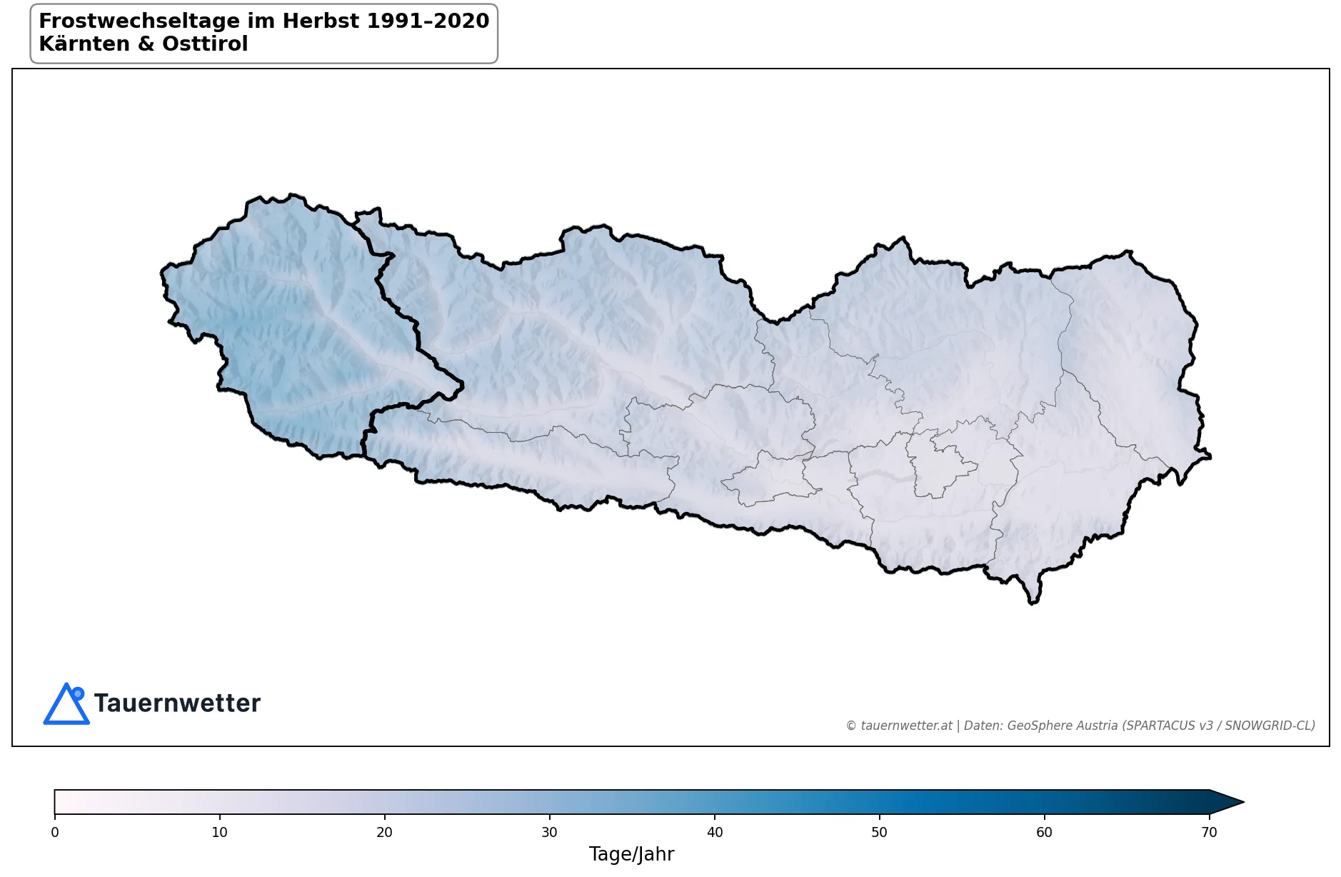 Klimakarte Frostwechseltage, Herbst (SON) 1991–2020 in Kärnten und Osttirol