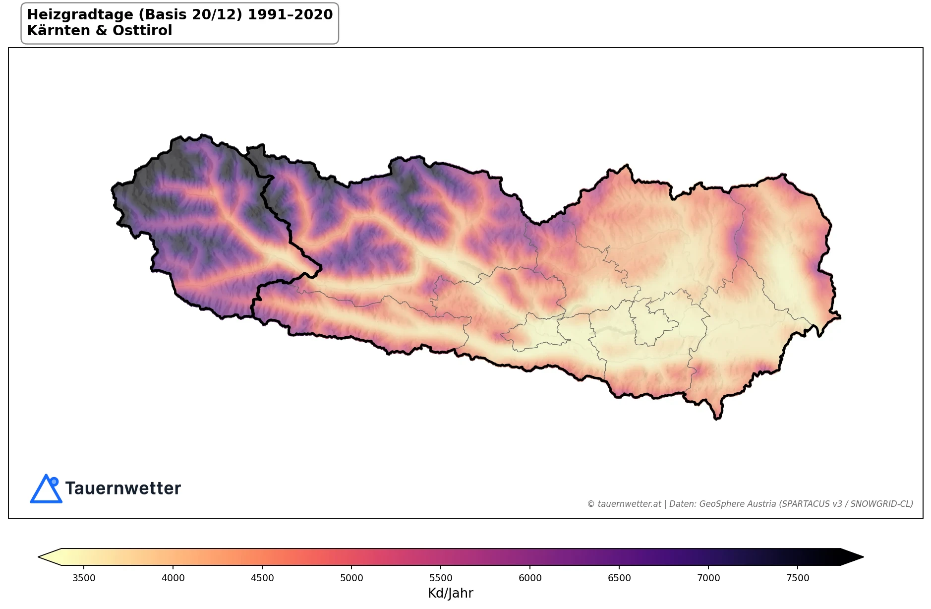 Klimakarte Heizgradtage (Basis 20/12), Jahr 1991–2020 in Kärnten und Osttirol