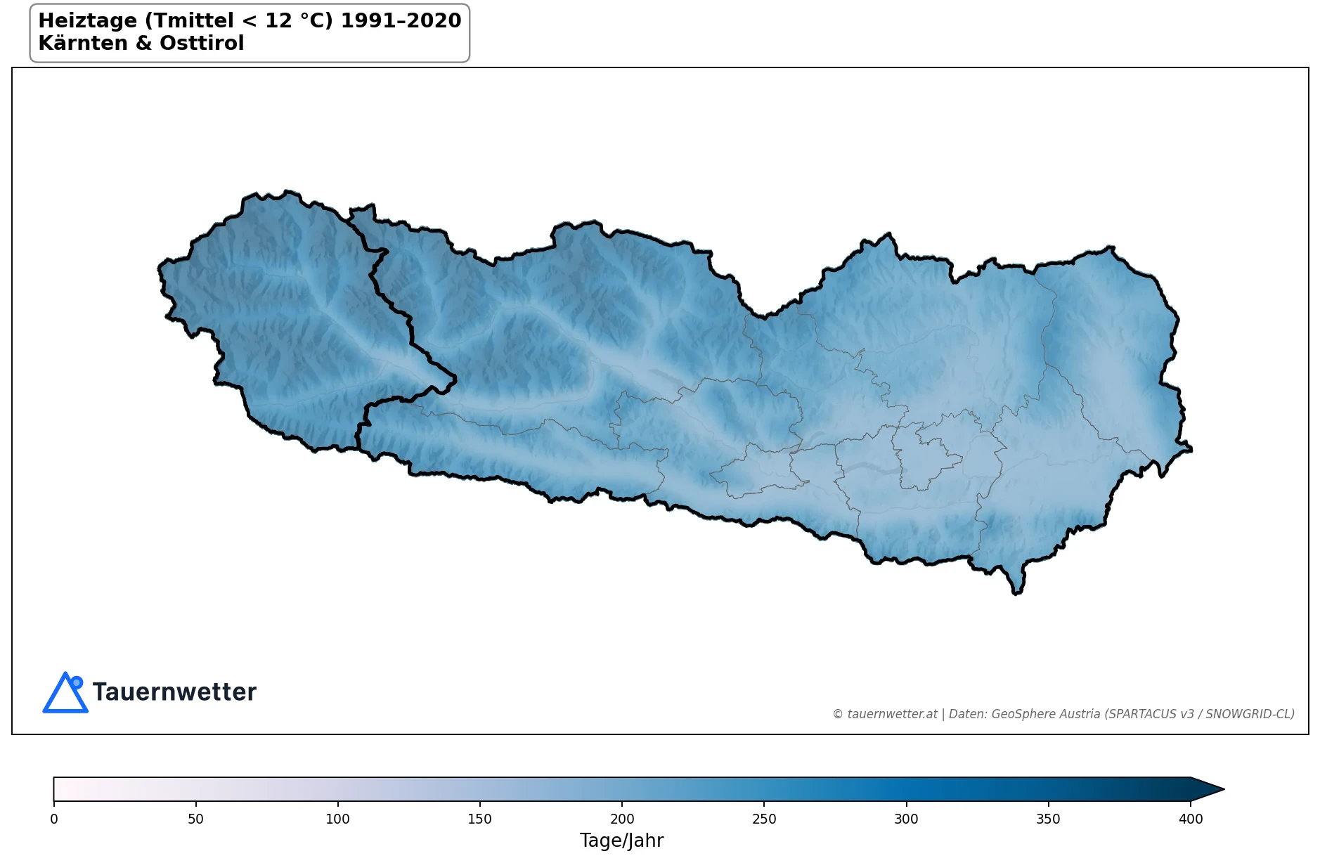 Klimakarte Heiztage (Tmittel < 12 °C), Jahr 1991–2020 in Kärnten und Osttirol