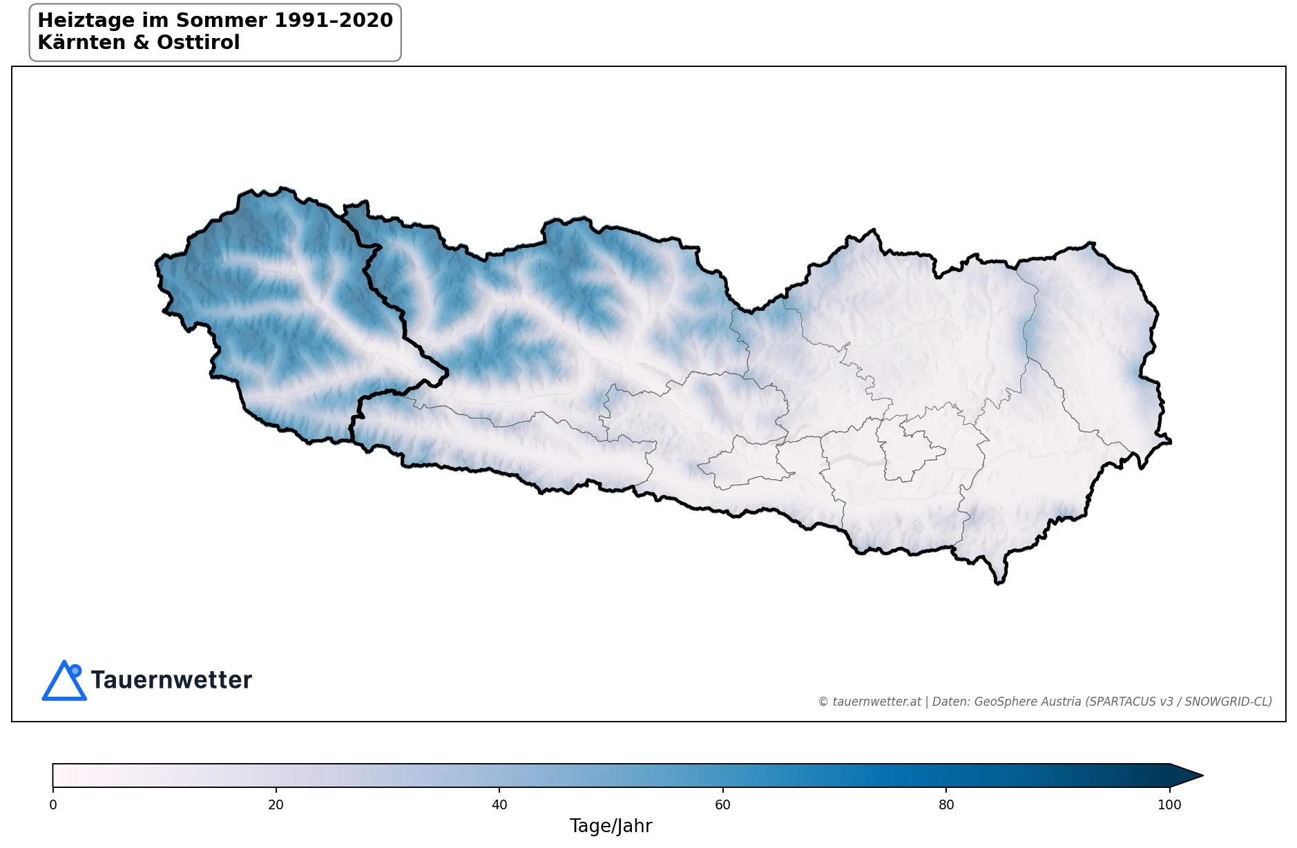 Klimakarte Heiztage (Tmittel < 12 °C), Sommer (JJA) 1991–2020 in Kärnten und Osttirol