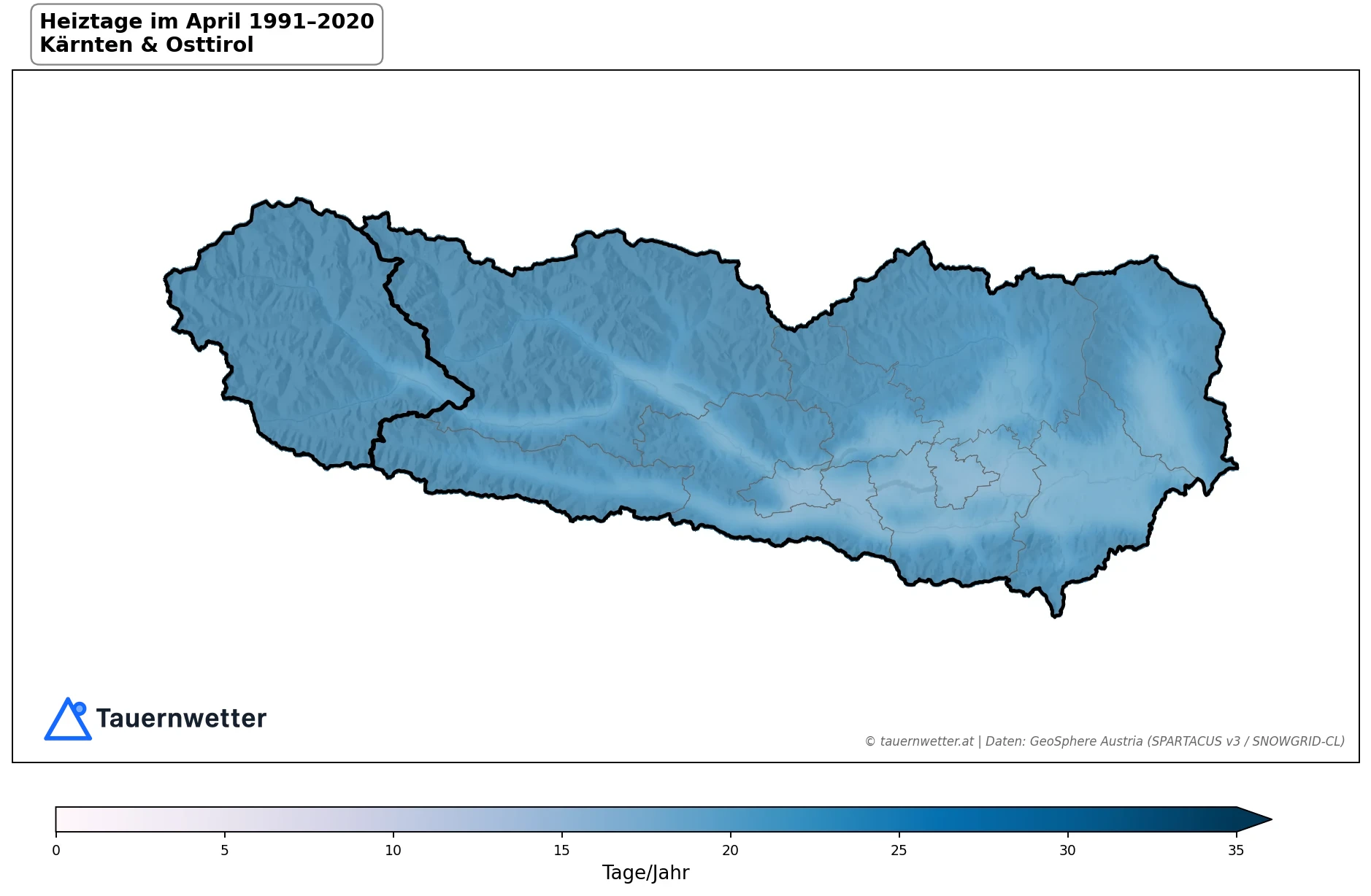 Klimakarte Heiztage (Tmittel < 12 °C), April 1991–2020 in Kärnten und Osttirol